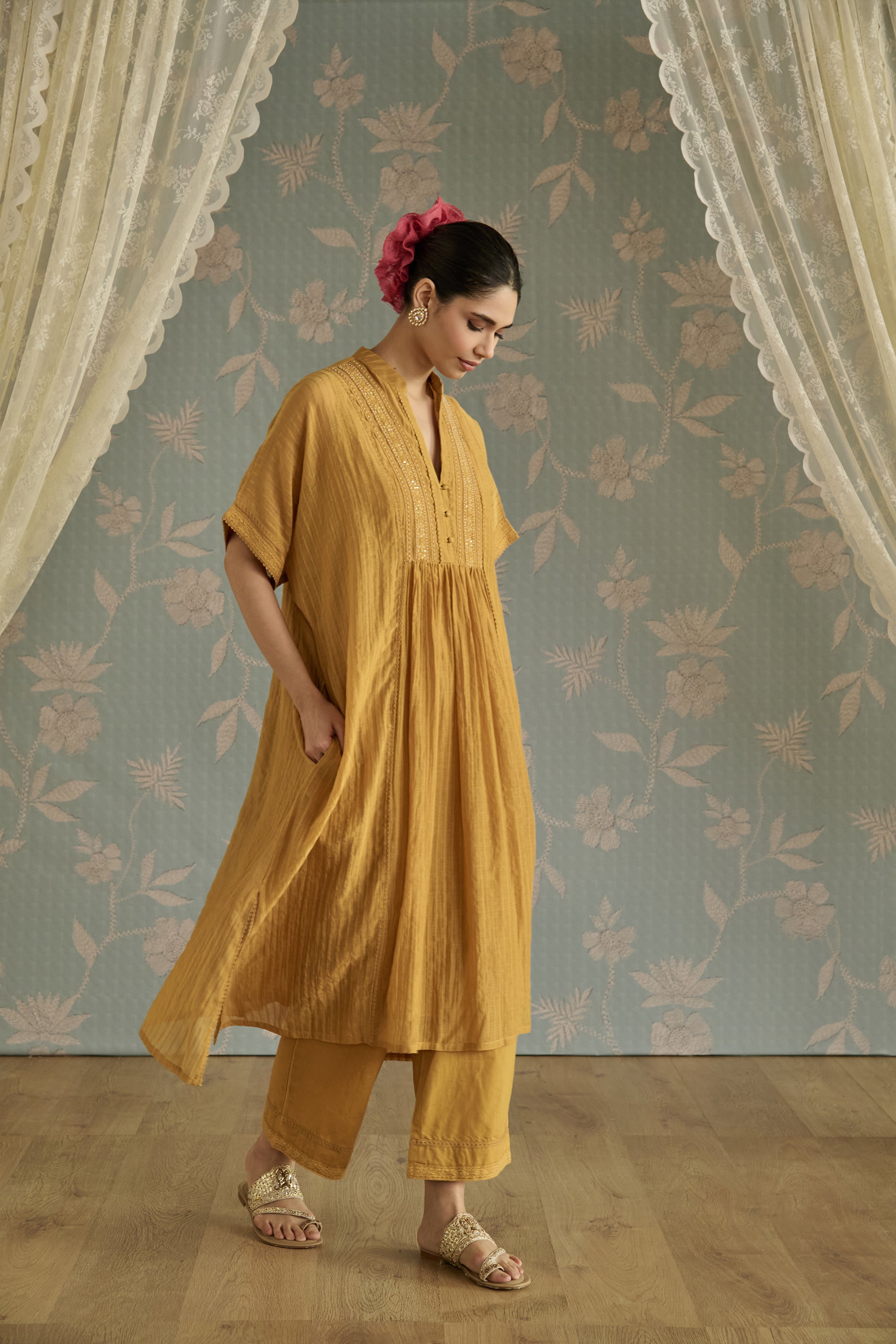Yellow Hand Embroidered Kaftaan Set