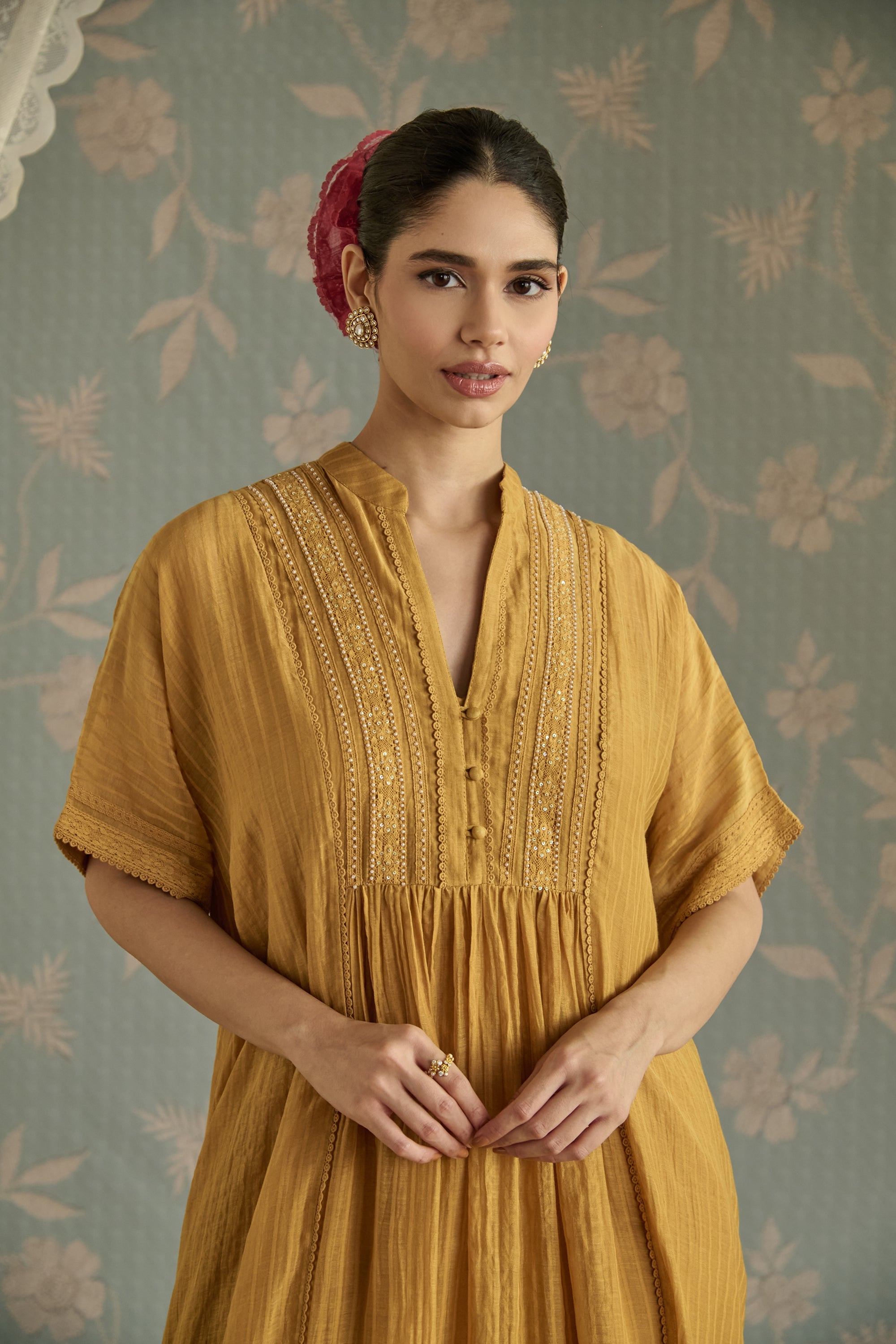 Yellow Hand Embroidered Kaftaan Set