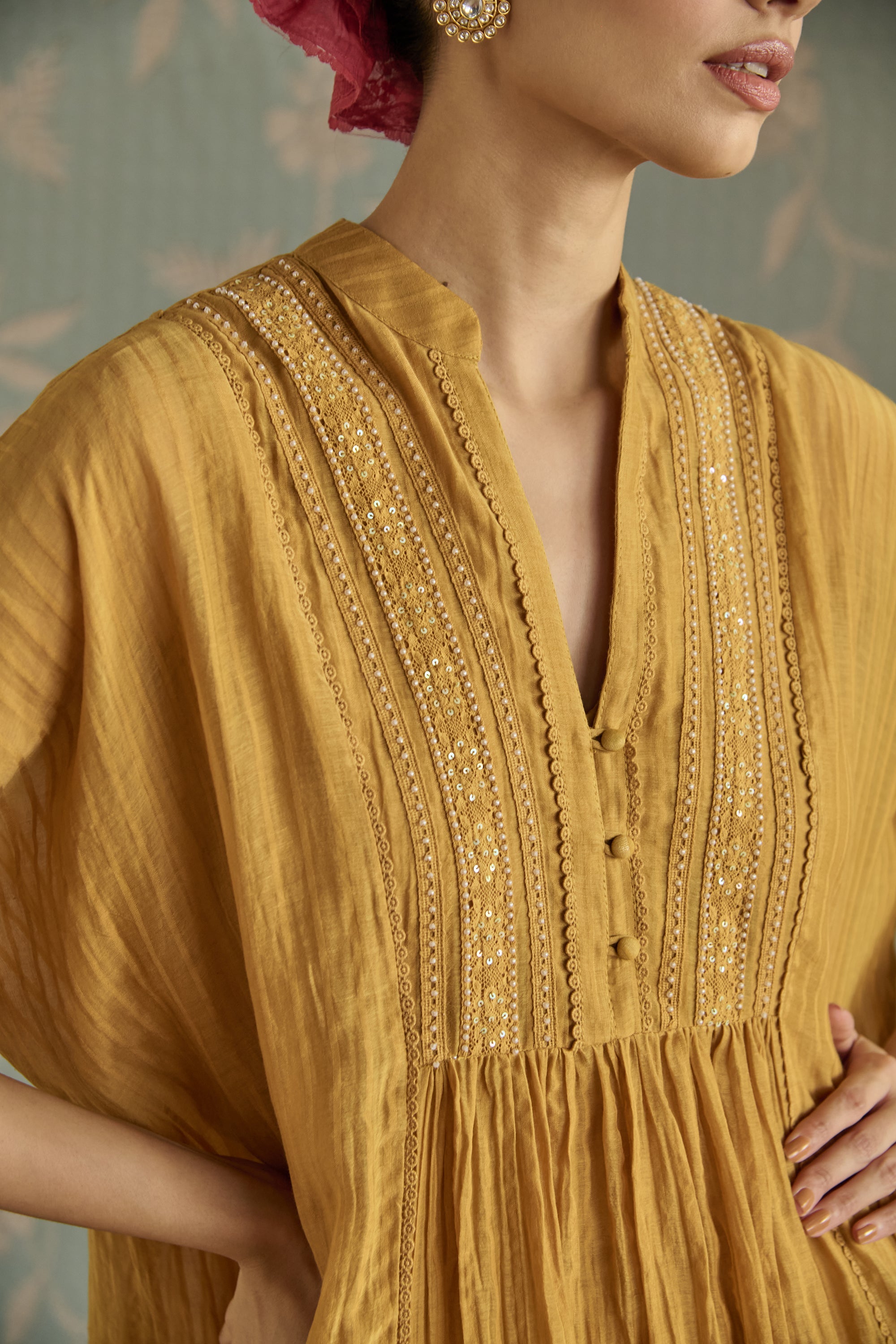 Yellow Hand Embroidered Kaftaan Set
