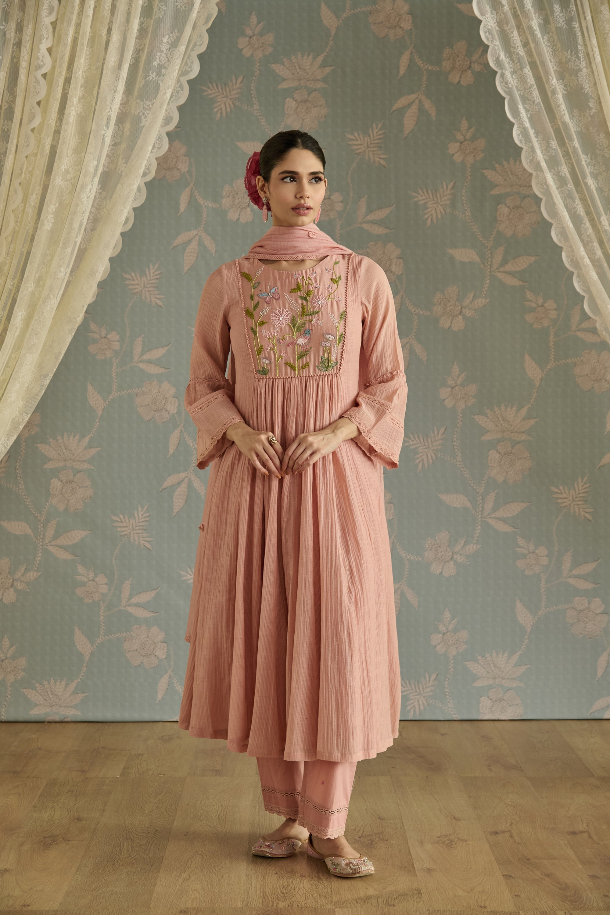 Pink Kota Hand Embroidered Kurta Set