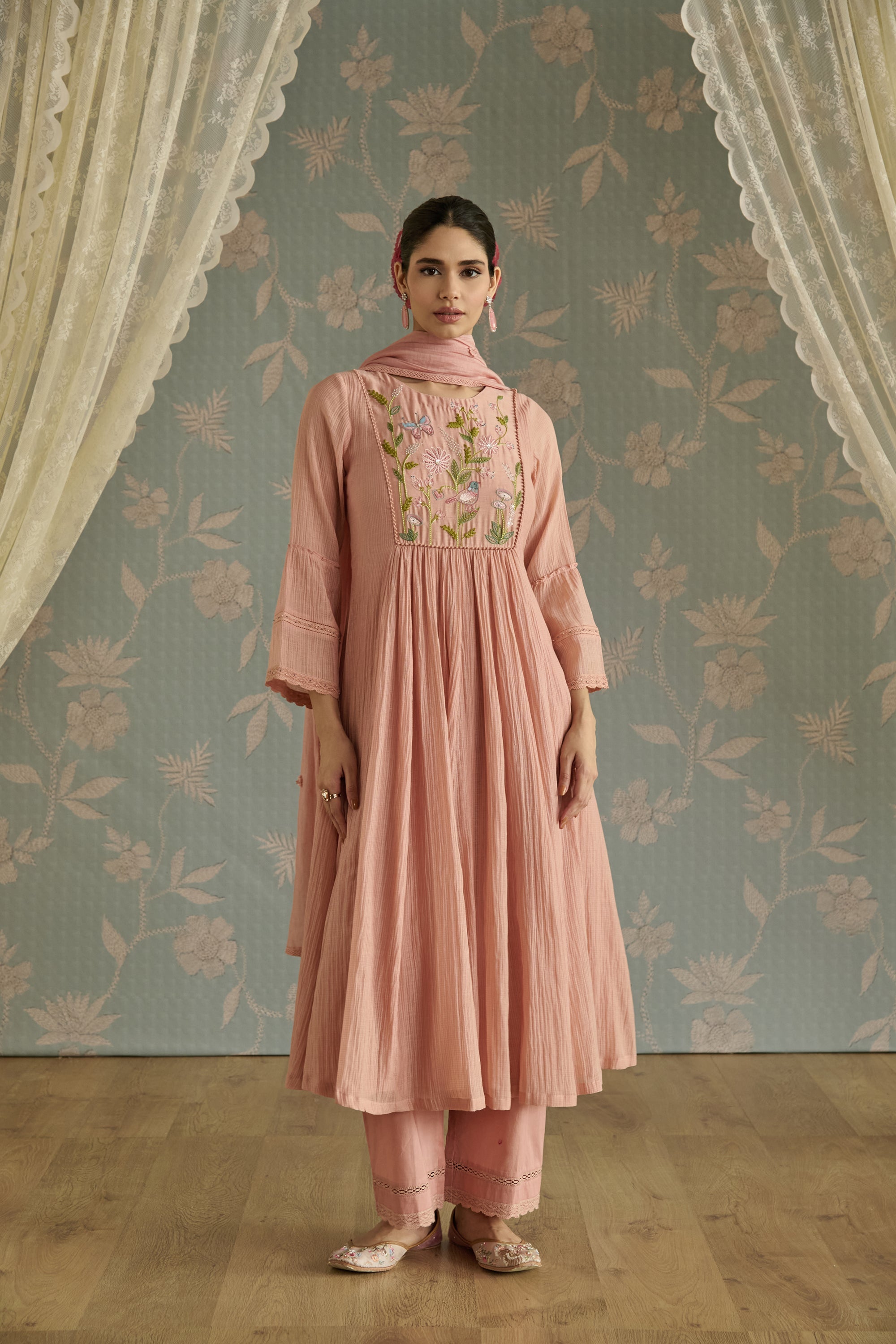 Pink Kota Hand Embroidered Kurta Set