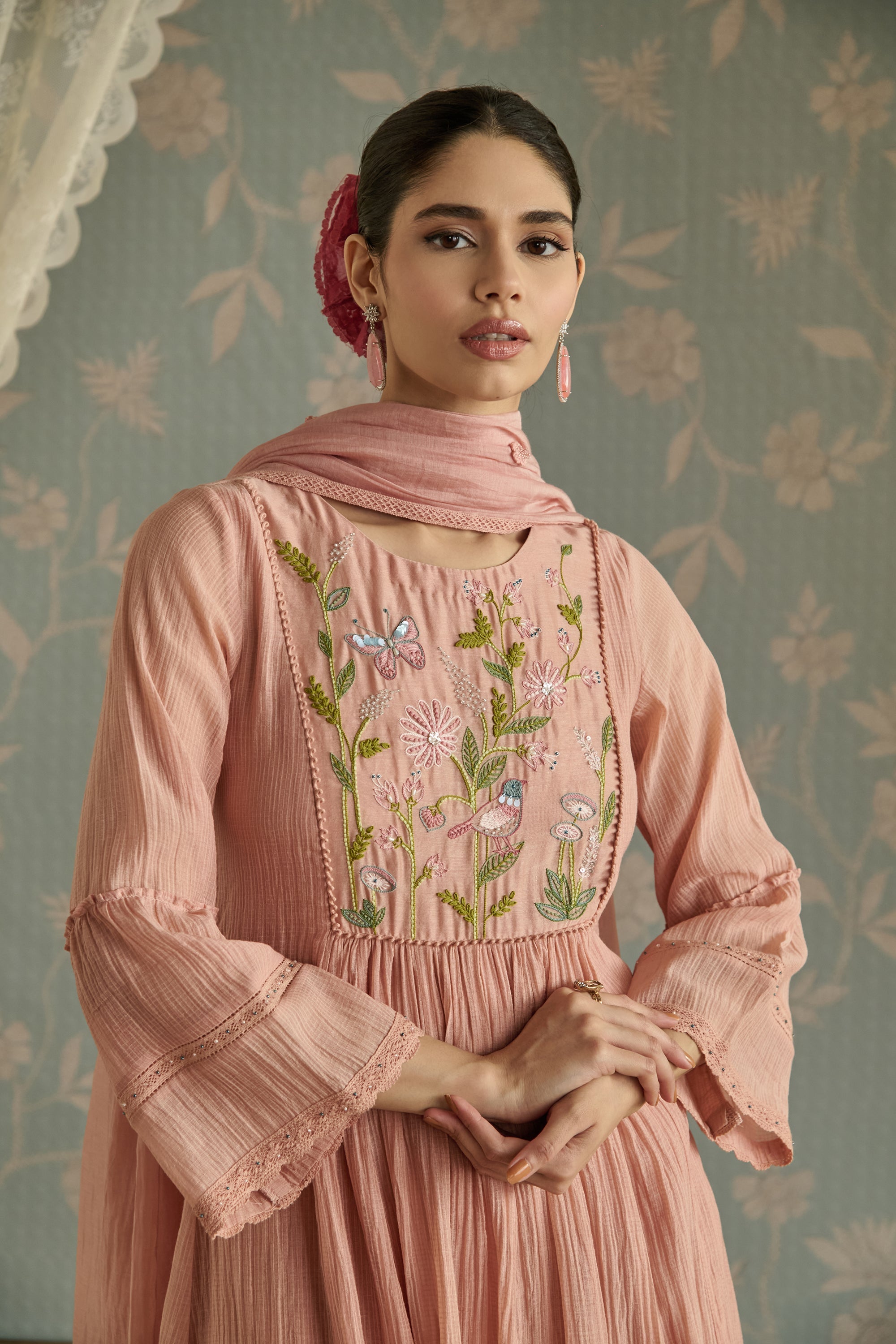 Pink Kota Hand Embroidered Kurta Set