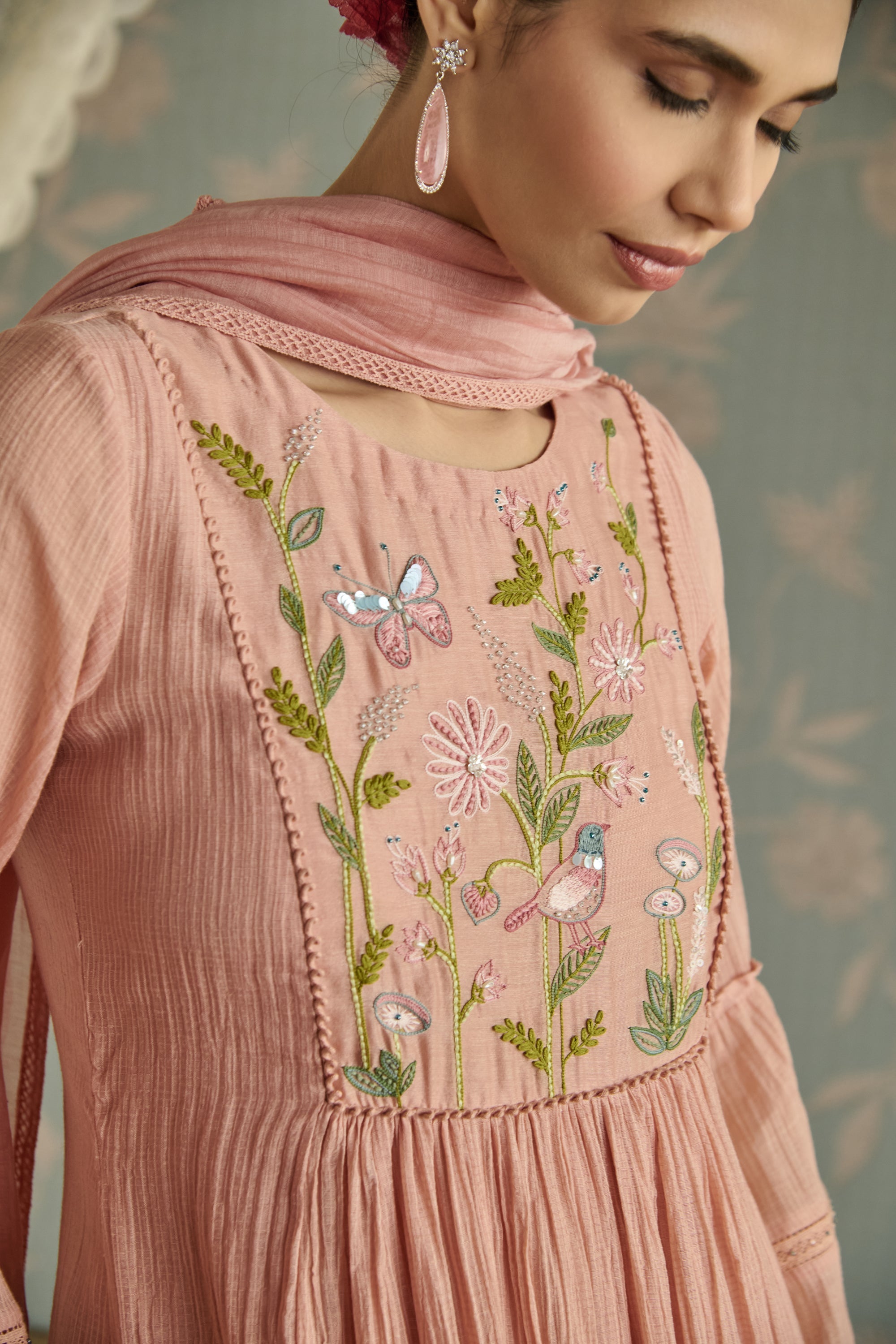 Pink Kota Hand Embroidered Kurta Set