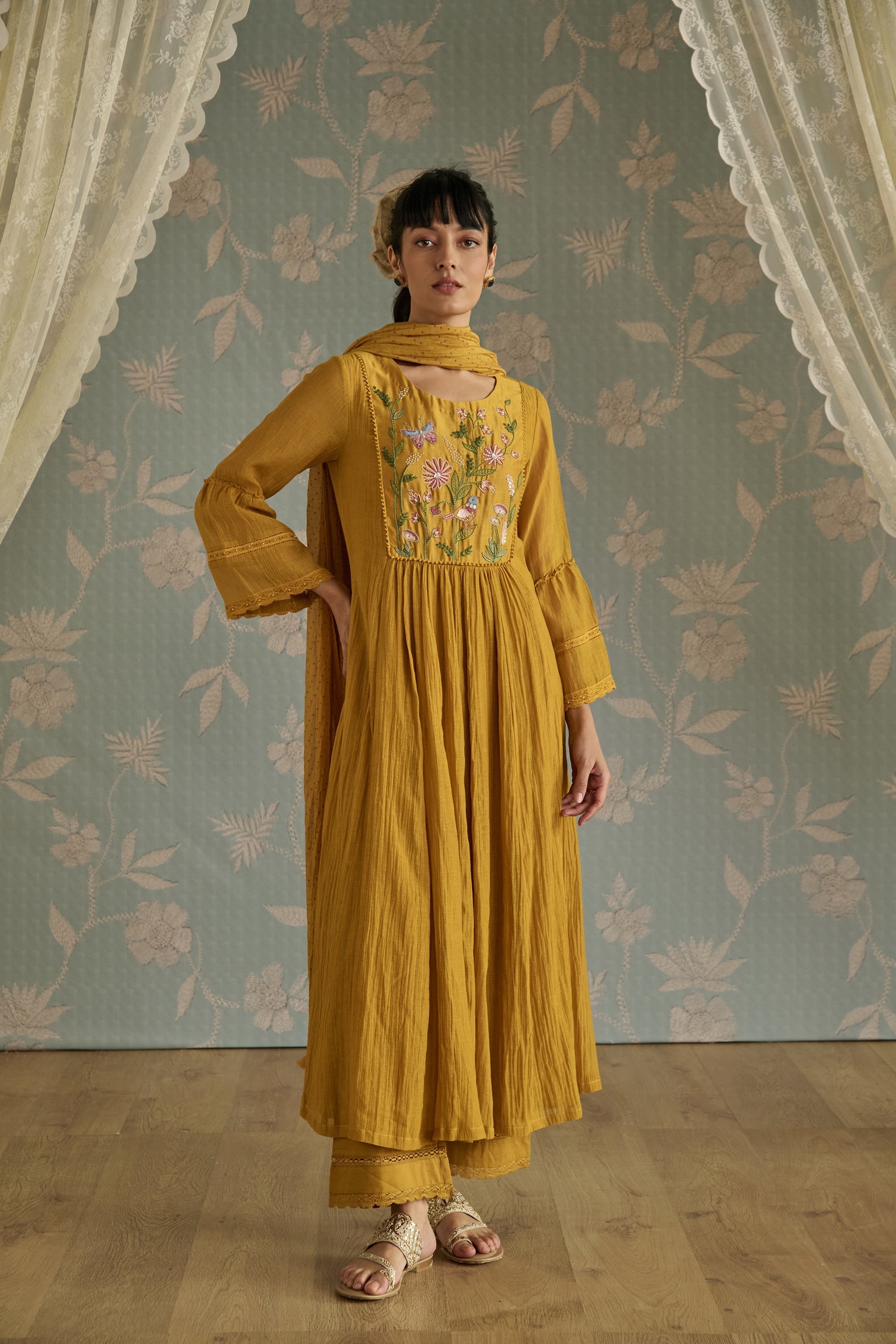 Mustard Kota Hand Embroidered Kurta Set