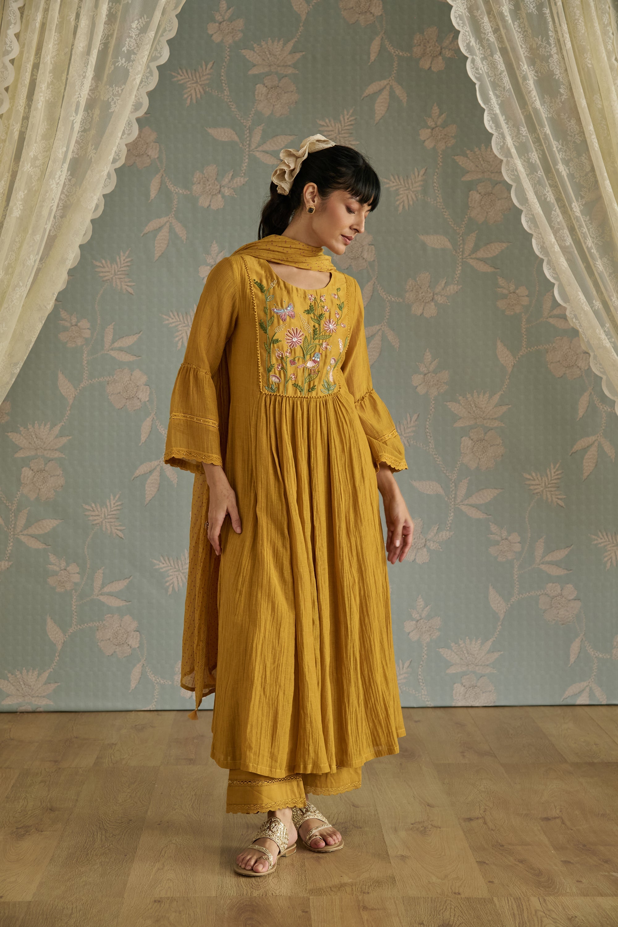 Mustard Kota Hand Embroidered Kurta Set