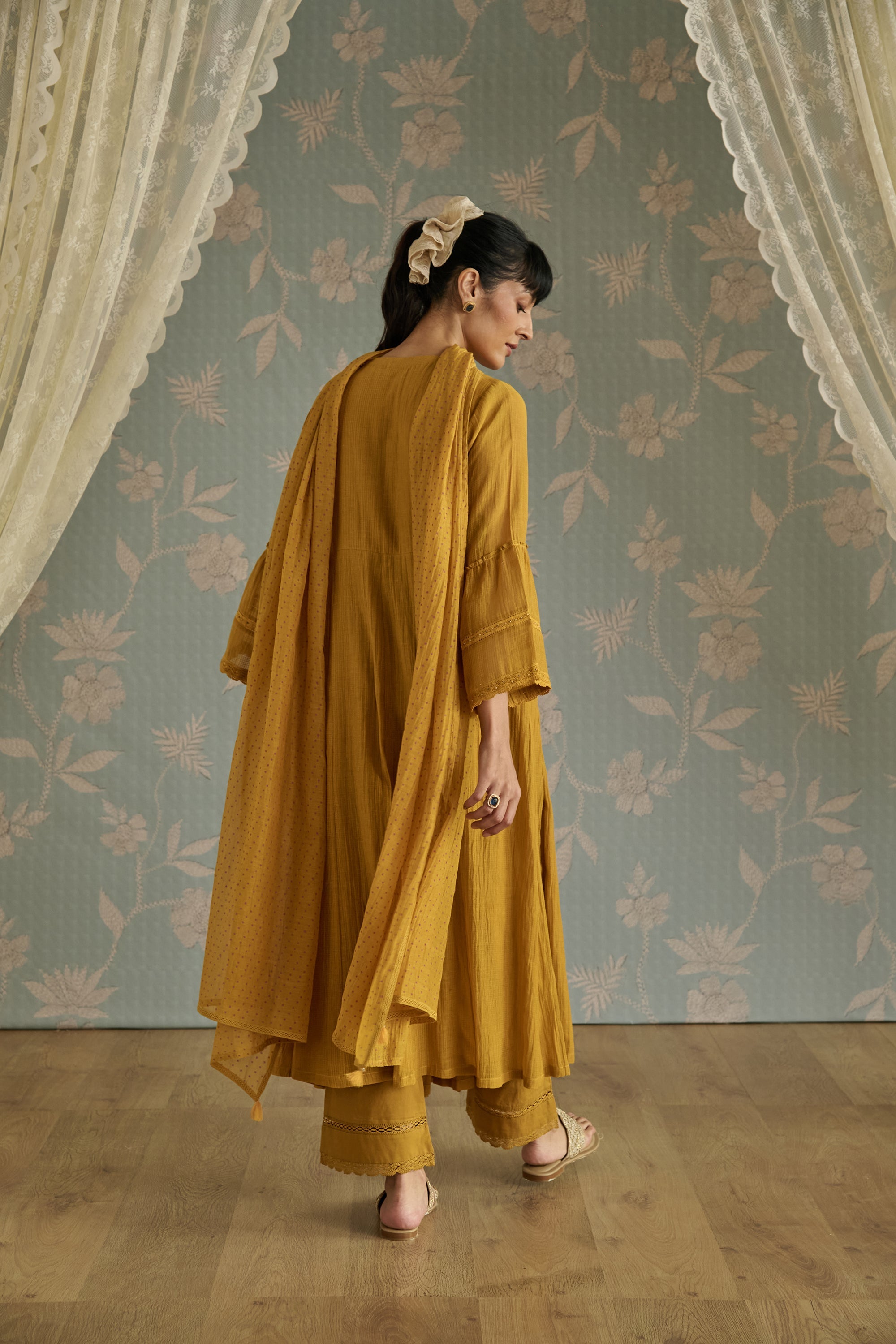 Mustard Kota Hand Embroidered Kurta Set