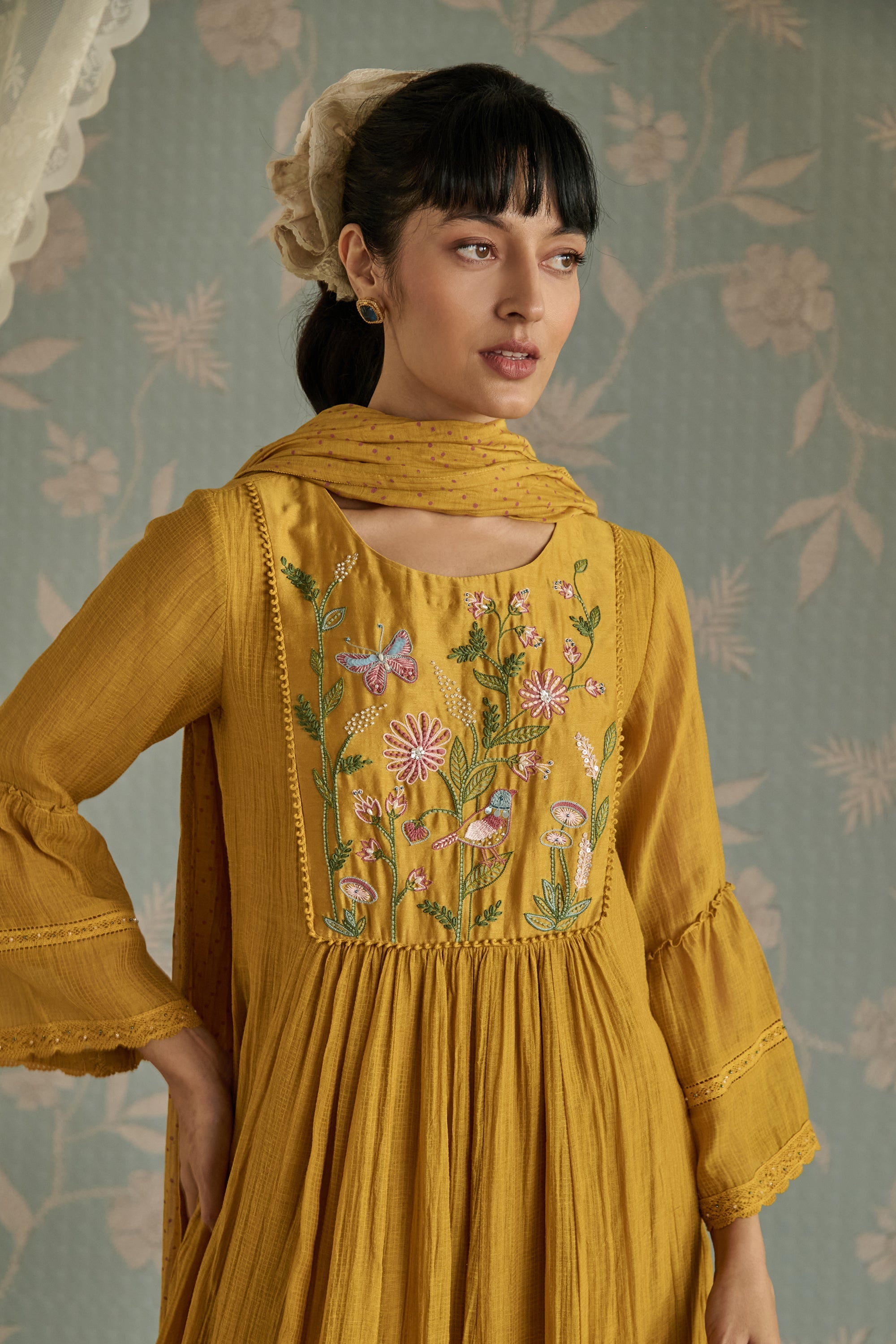Mustard Kota Hand Embroidered Kurta Set