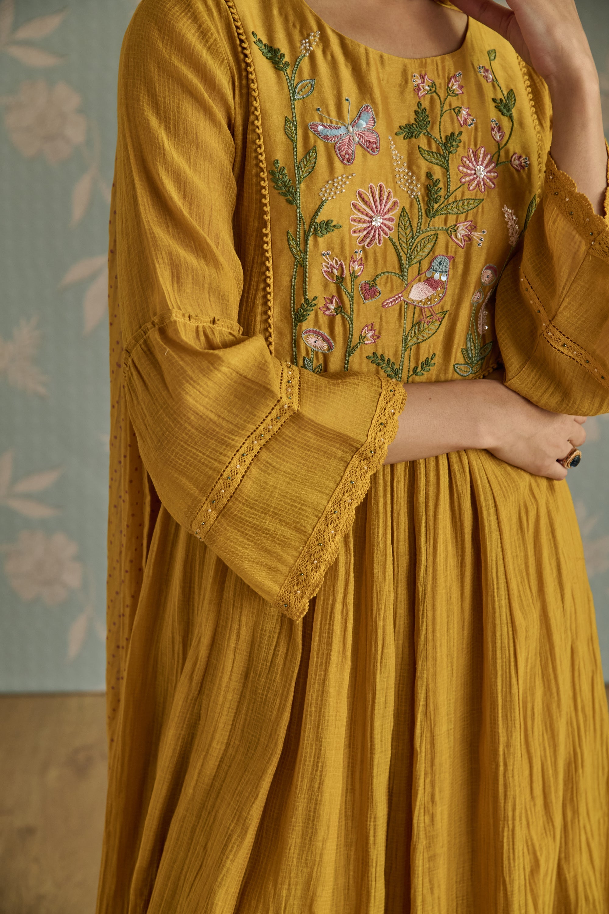 Mustard Kota Hand Embroidered Kurta Set