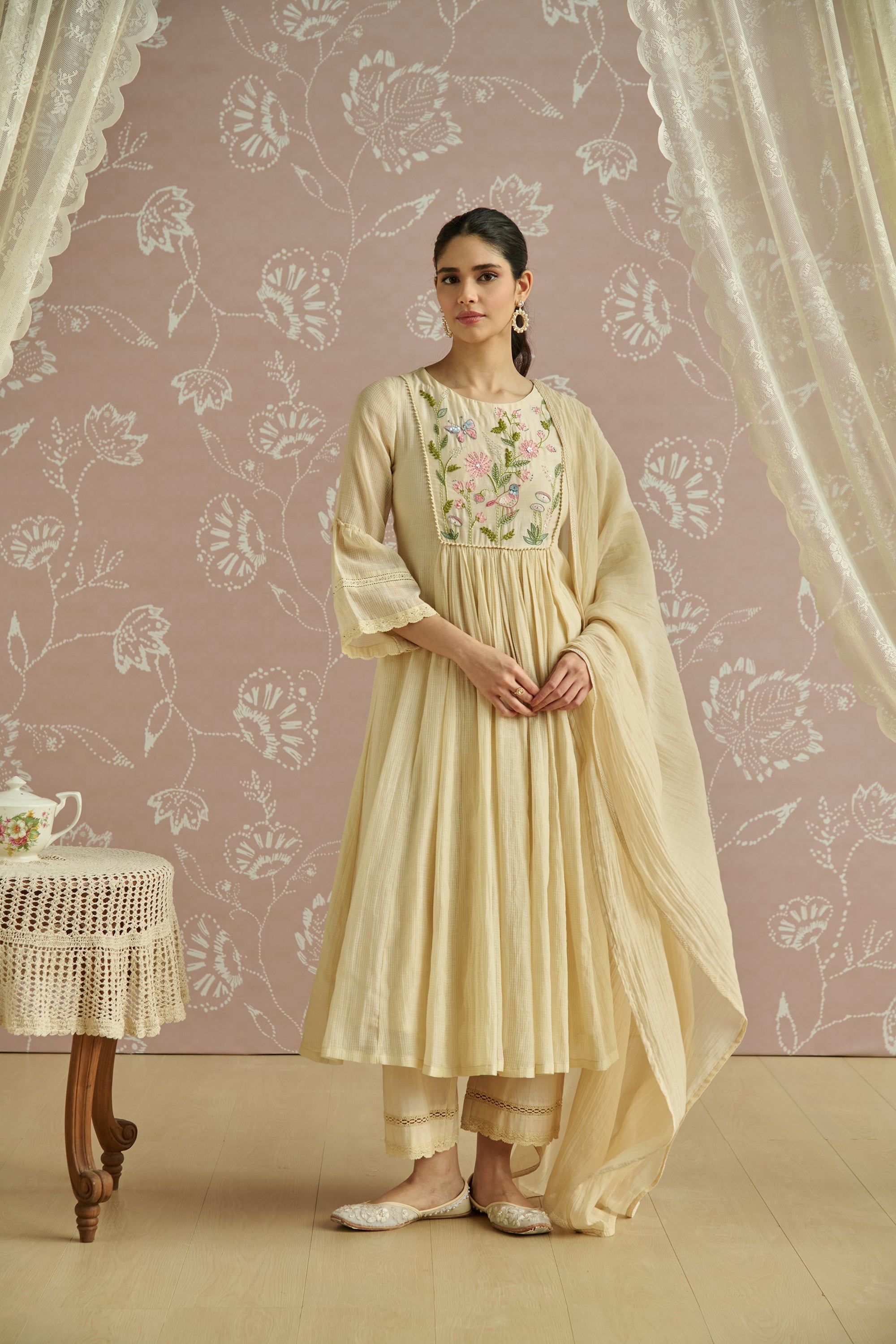 Ivory Kota Hand Embroidered Kurta Set