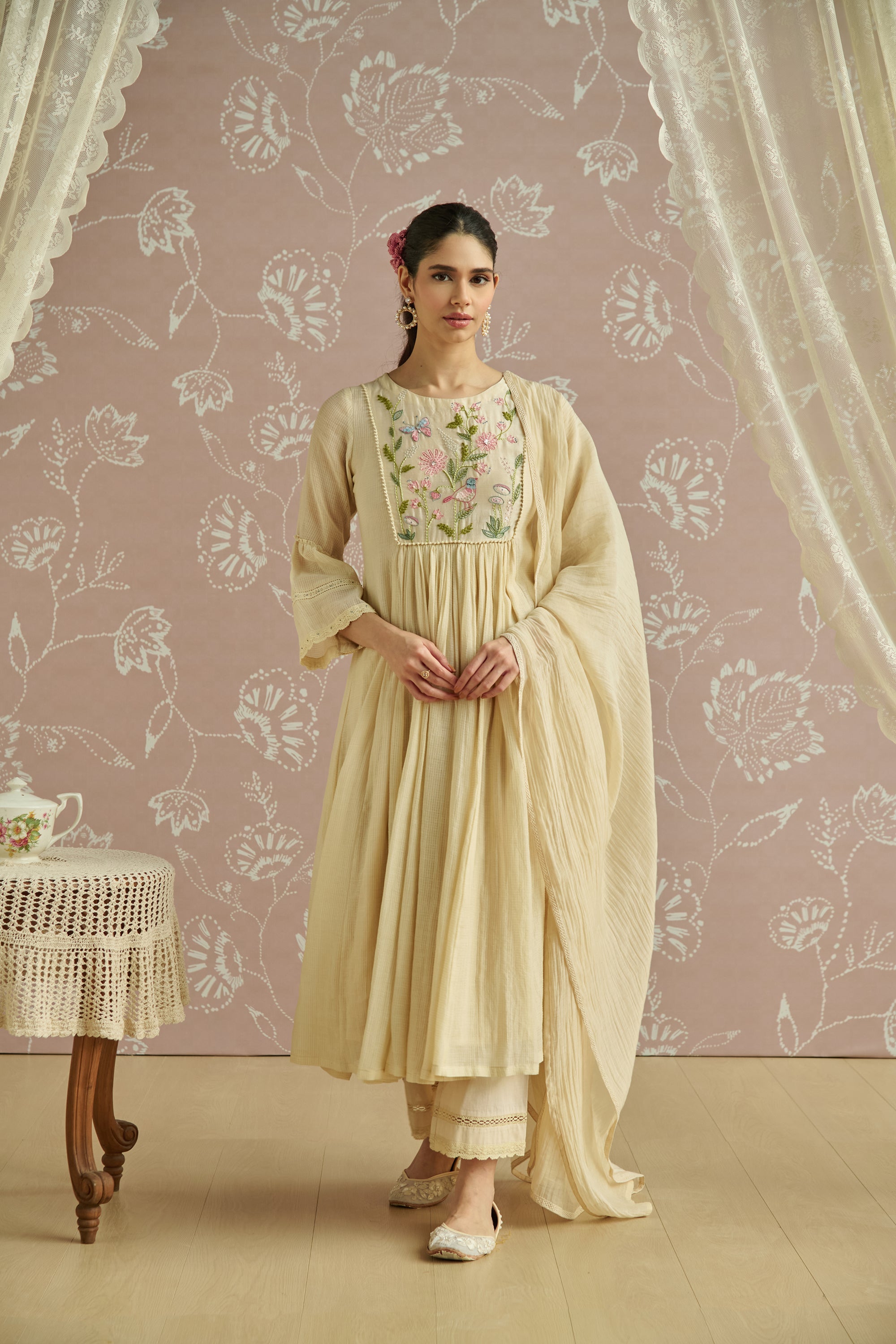 Ivory Kota Hand Embroidered Kurta Set