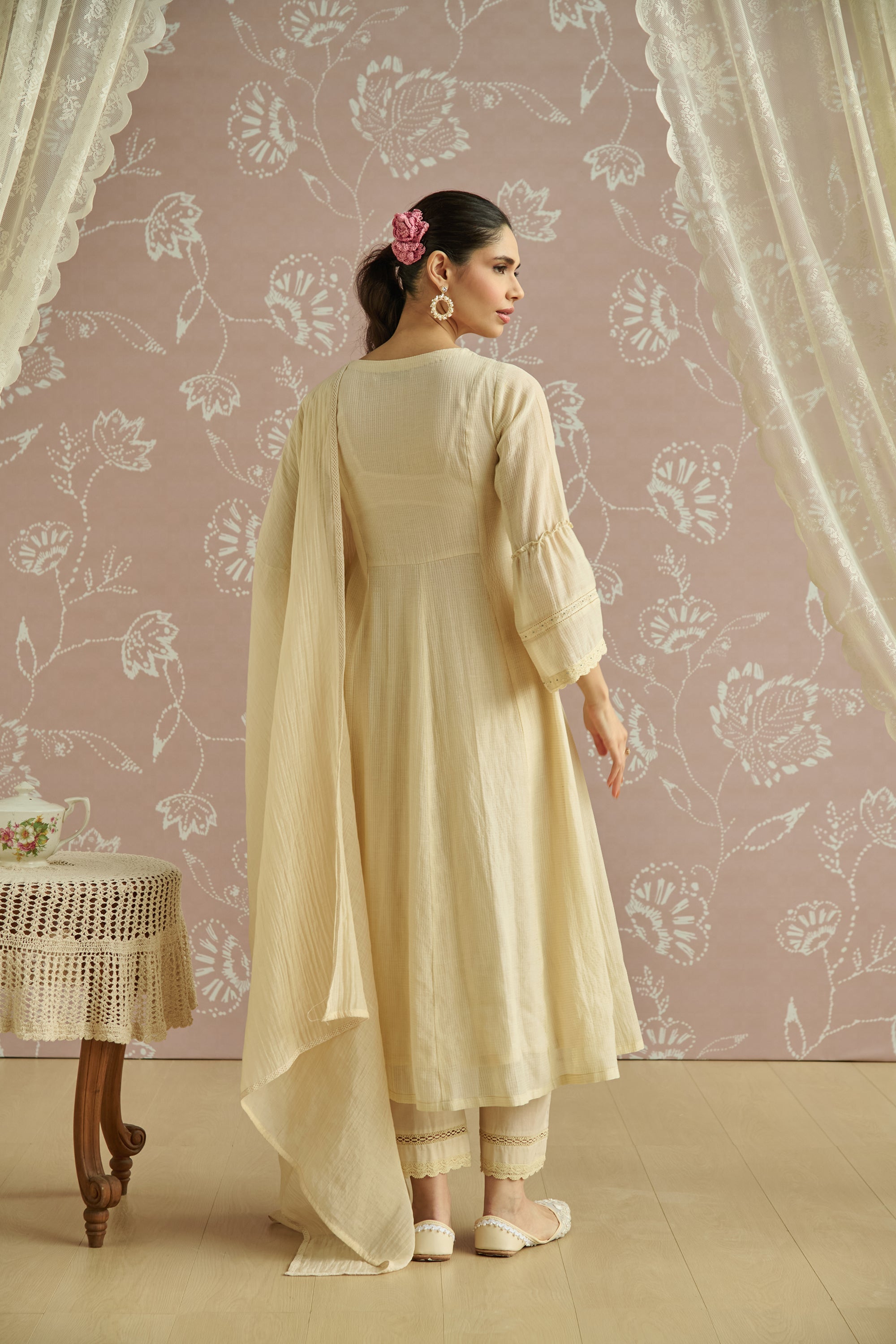 Ivory Kota Hand Embroidered Kurta Set