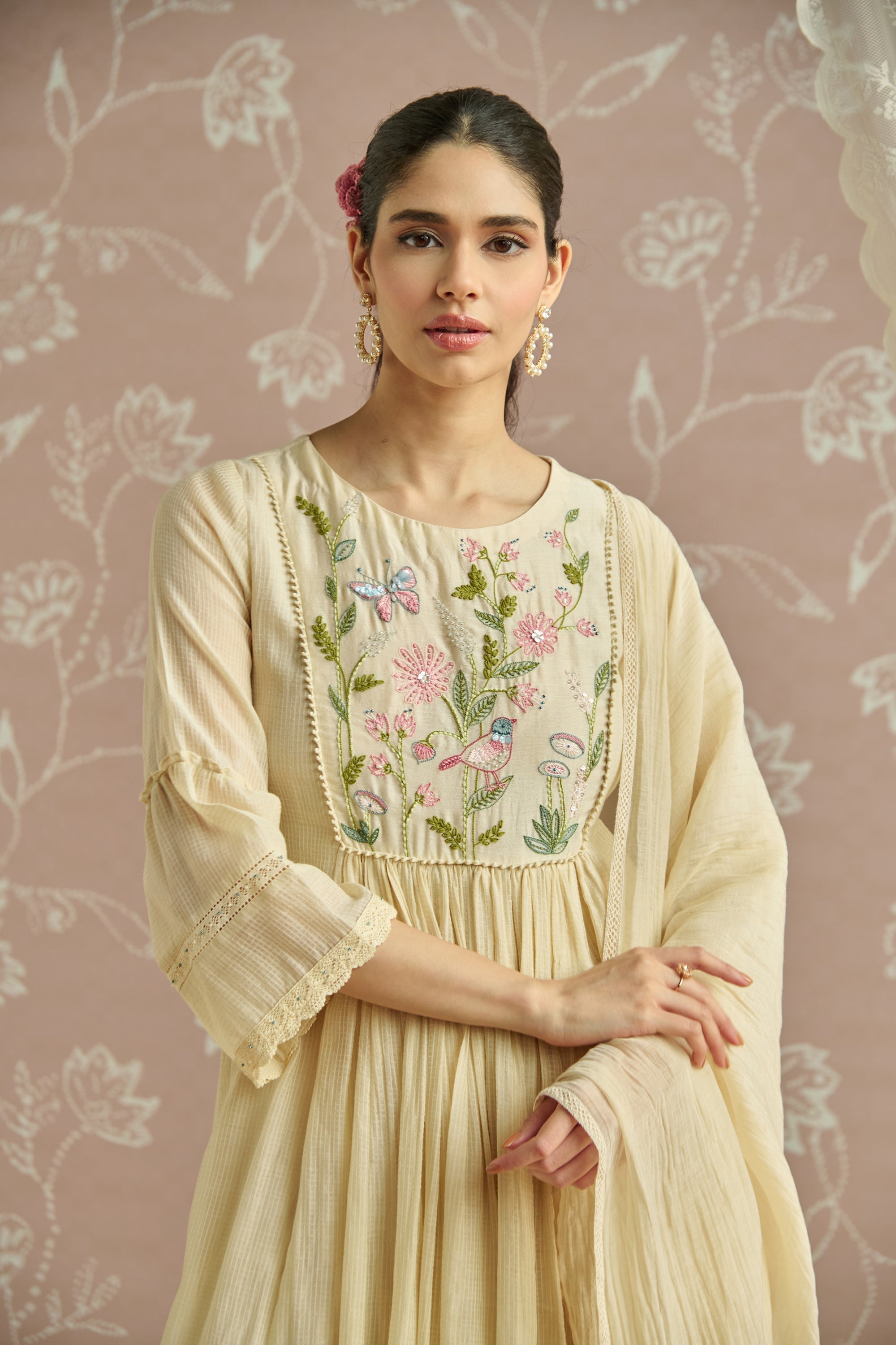 Ivory Kota Hand Embroidered Kurta Set