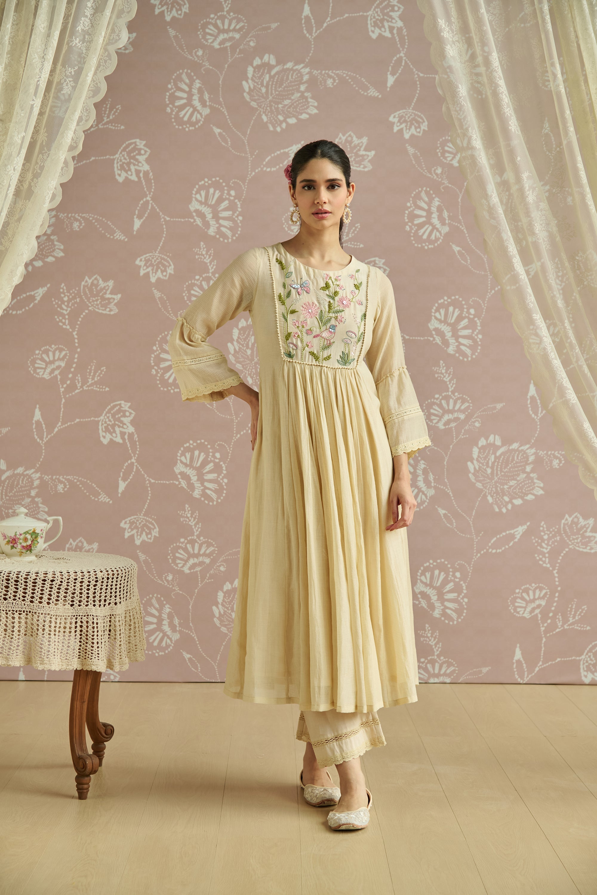 Ivory Kota Hand Embroidered Kurta Set