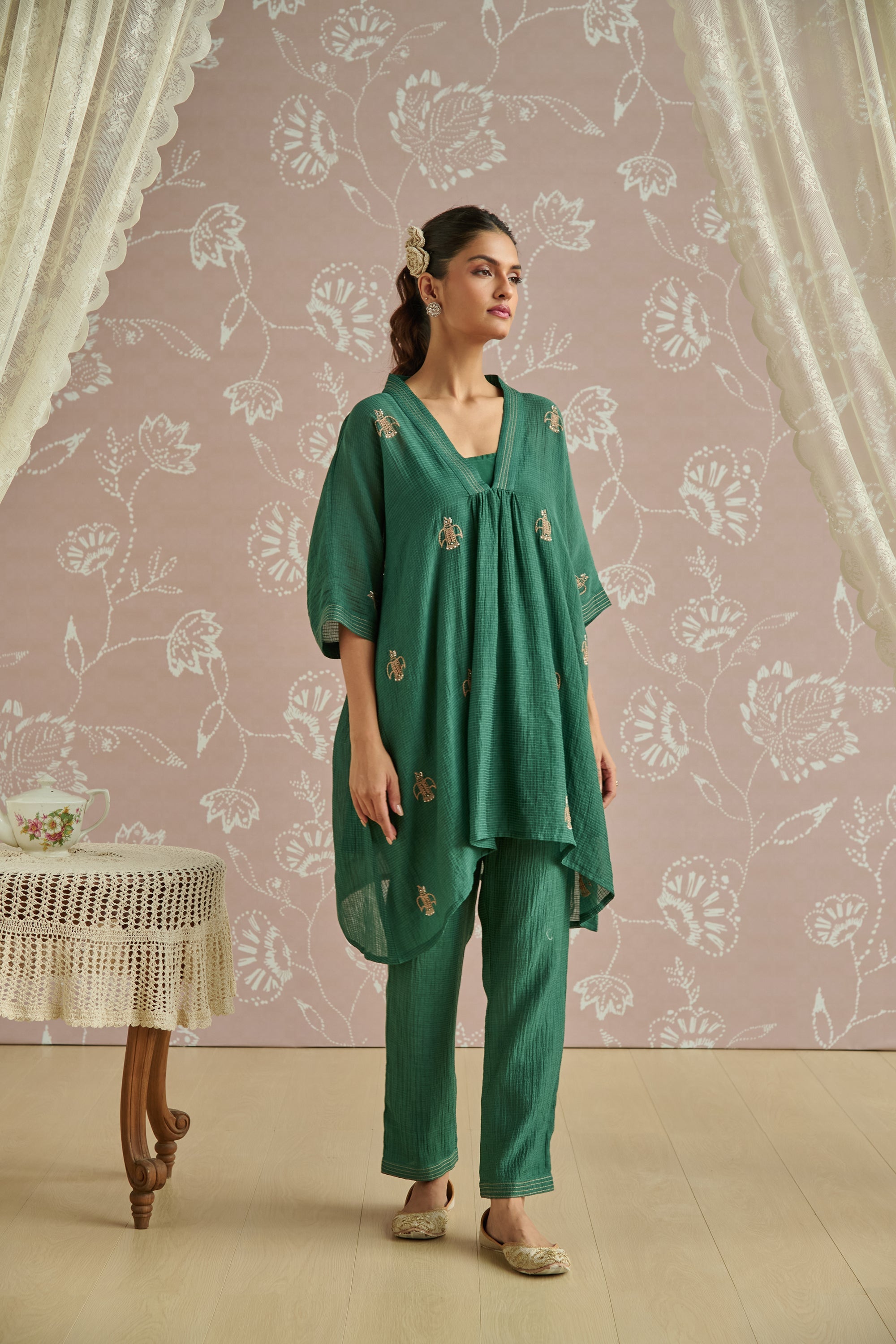 Teal Handwoven Bird Embroidery Co-Ord Set