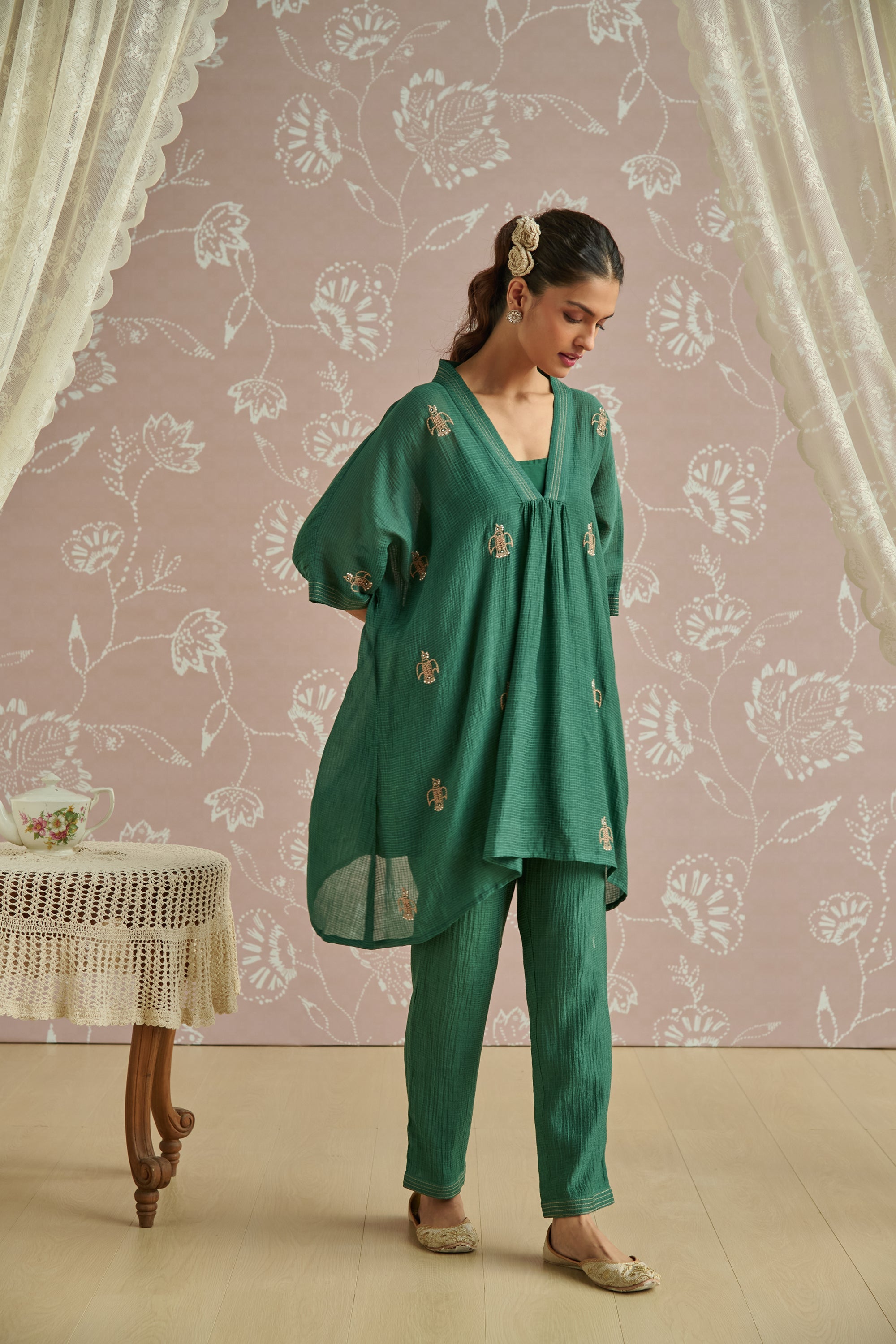 Teal Handwoven Bird Embroidery Co-Ord Set
