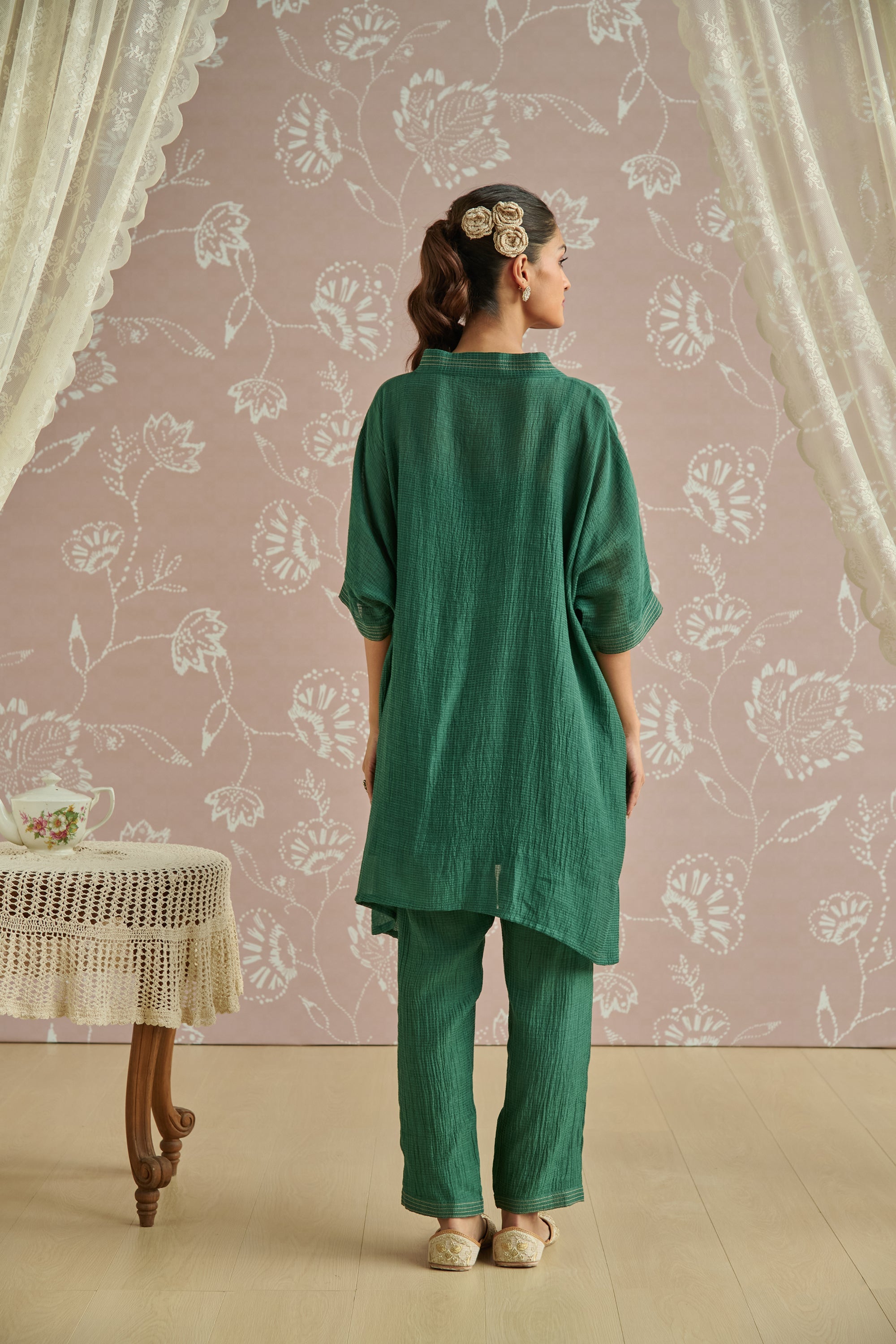 Teal Handwoven Bird Embroidery Co-Ord Set