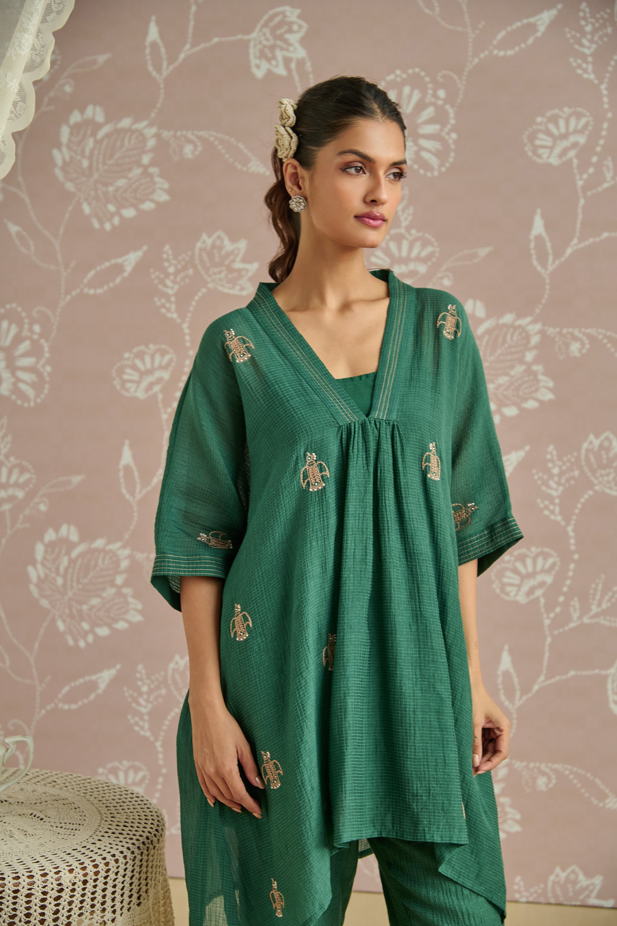 Teal Handwoven Bird Embroidery Co-Ord Set