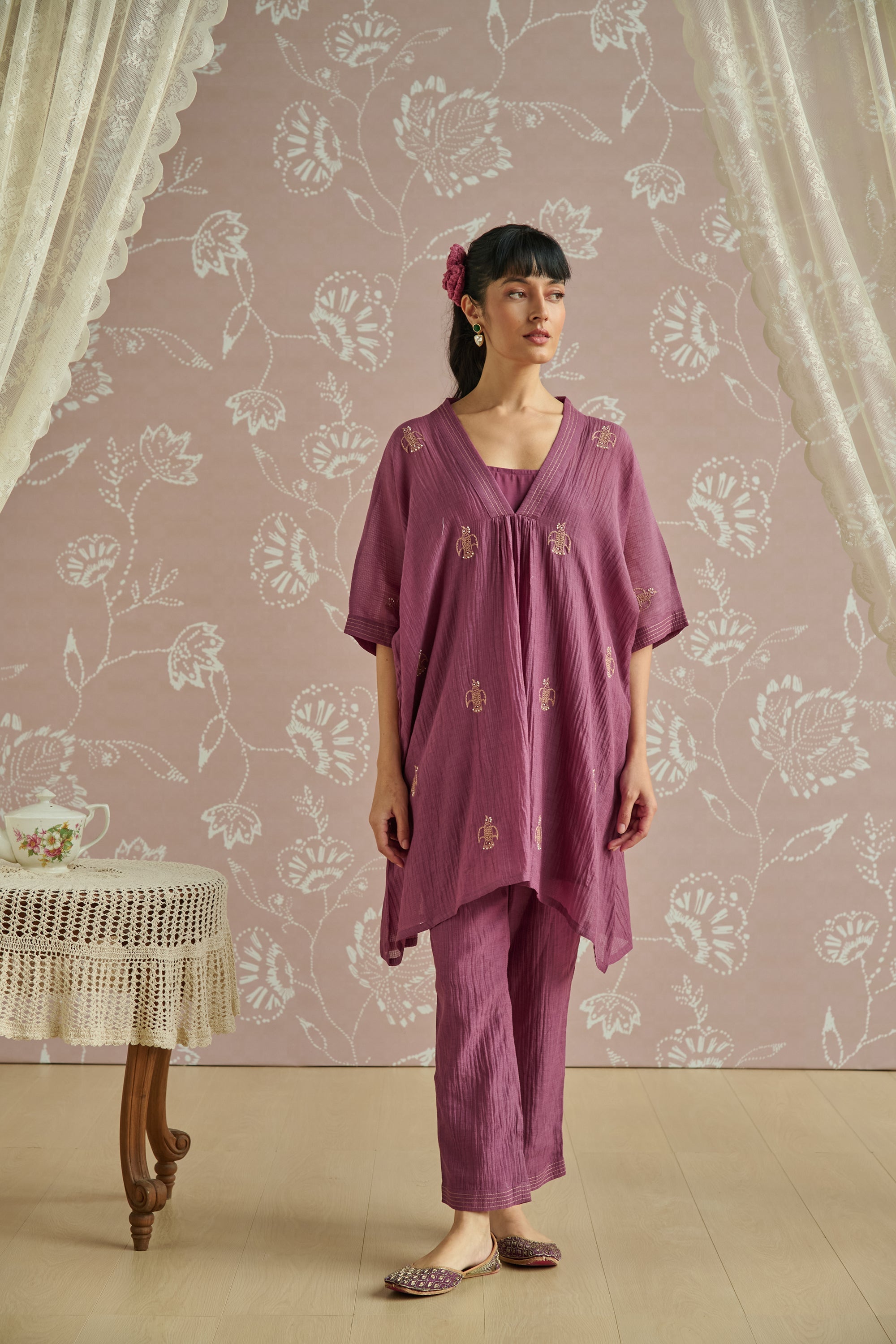 Wine Handwoven Bird Embroidery Co-Ord Set