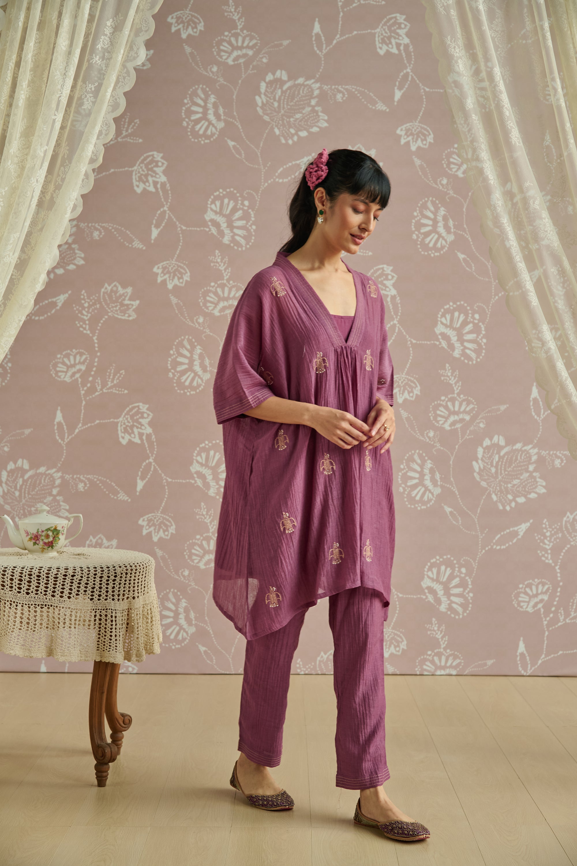 Wine Handwoven Bird Embroidery Co-Ord Set