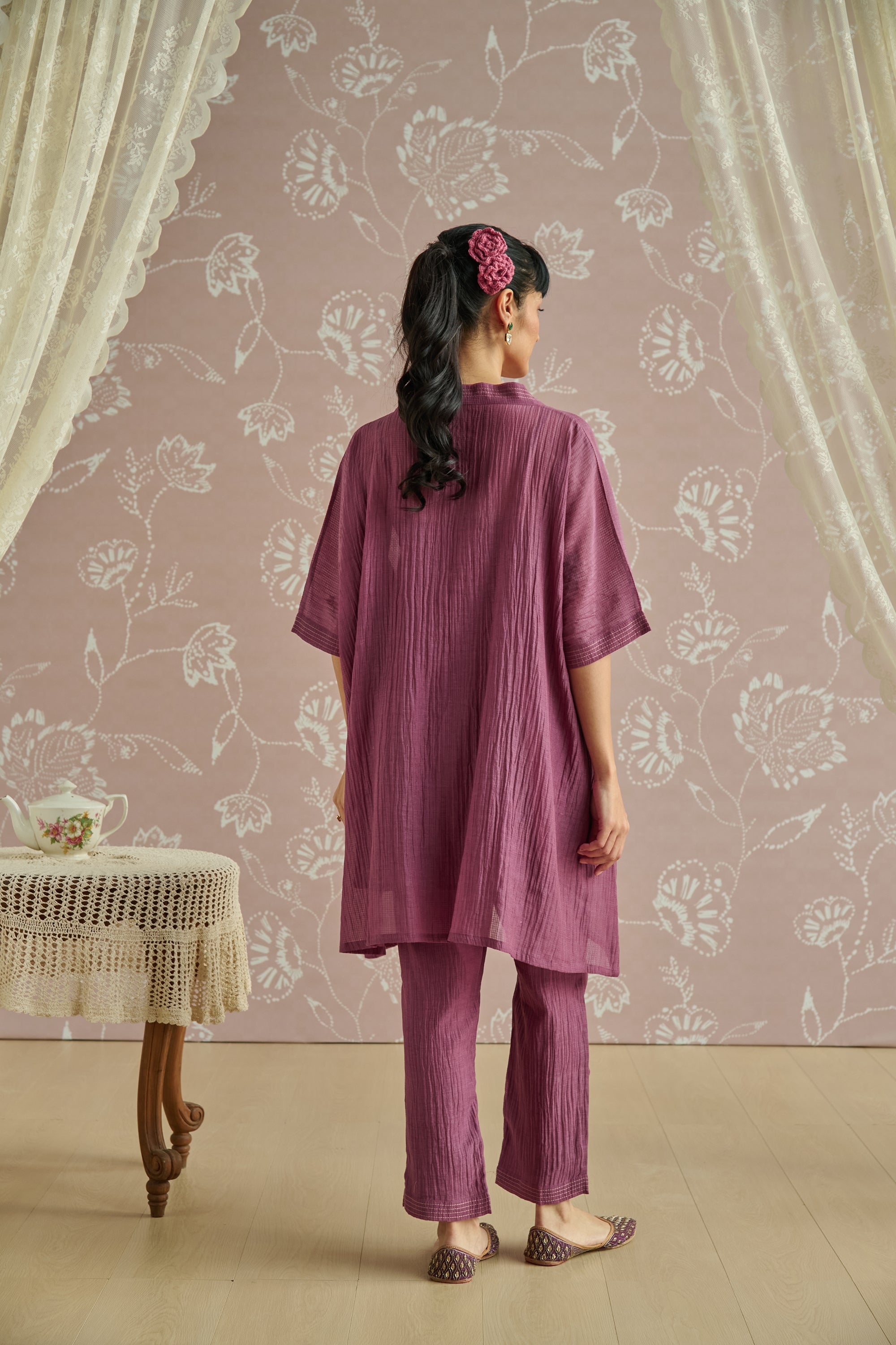 Wine Handwoven Bird Embroidery Co-Ord Set