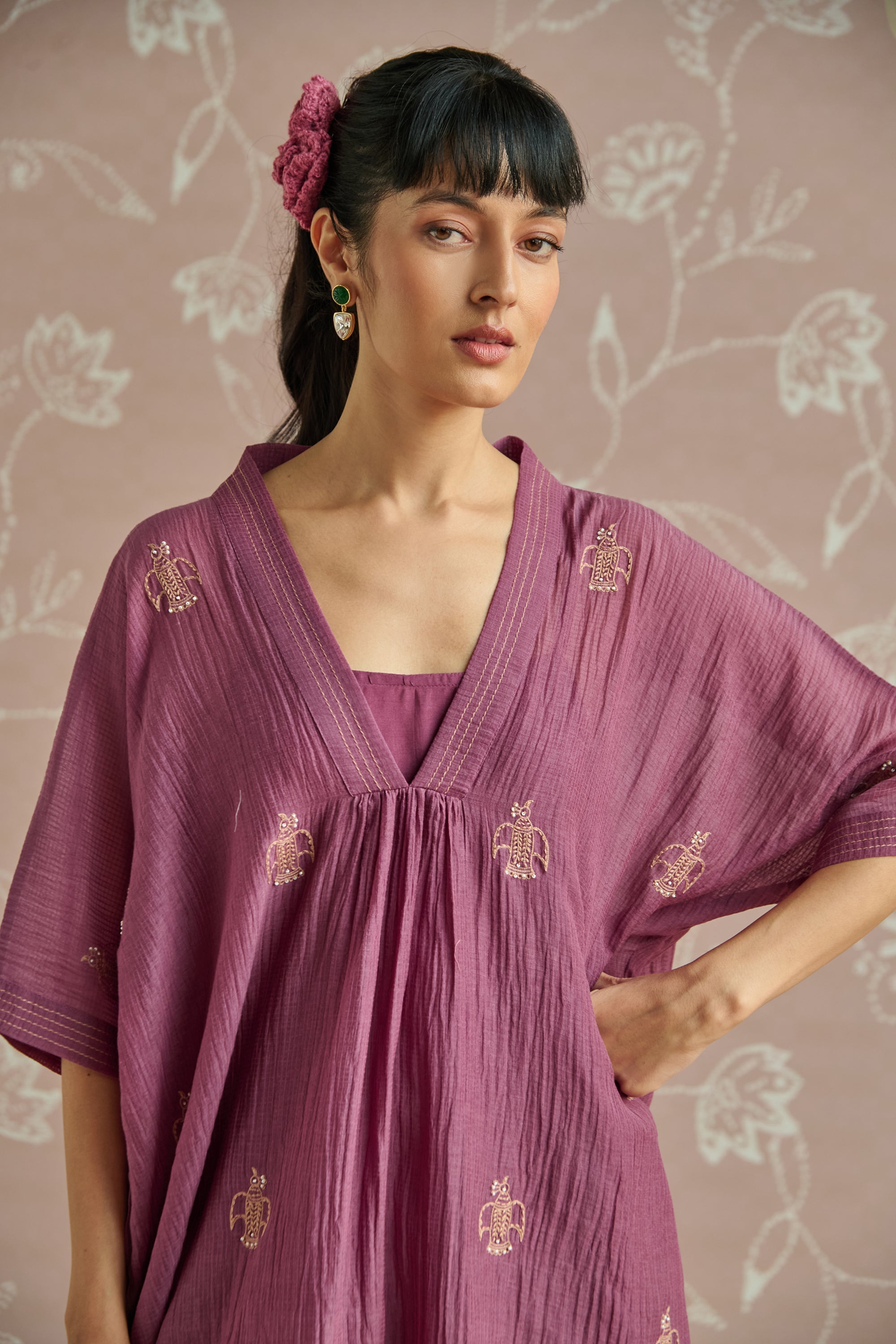 Wine Handwoven Bird Embroidery Co-Ord Set