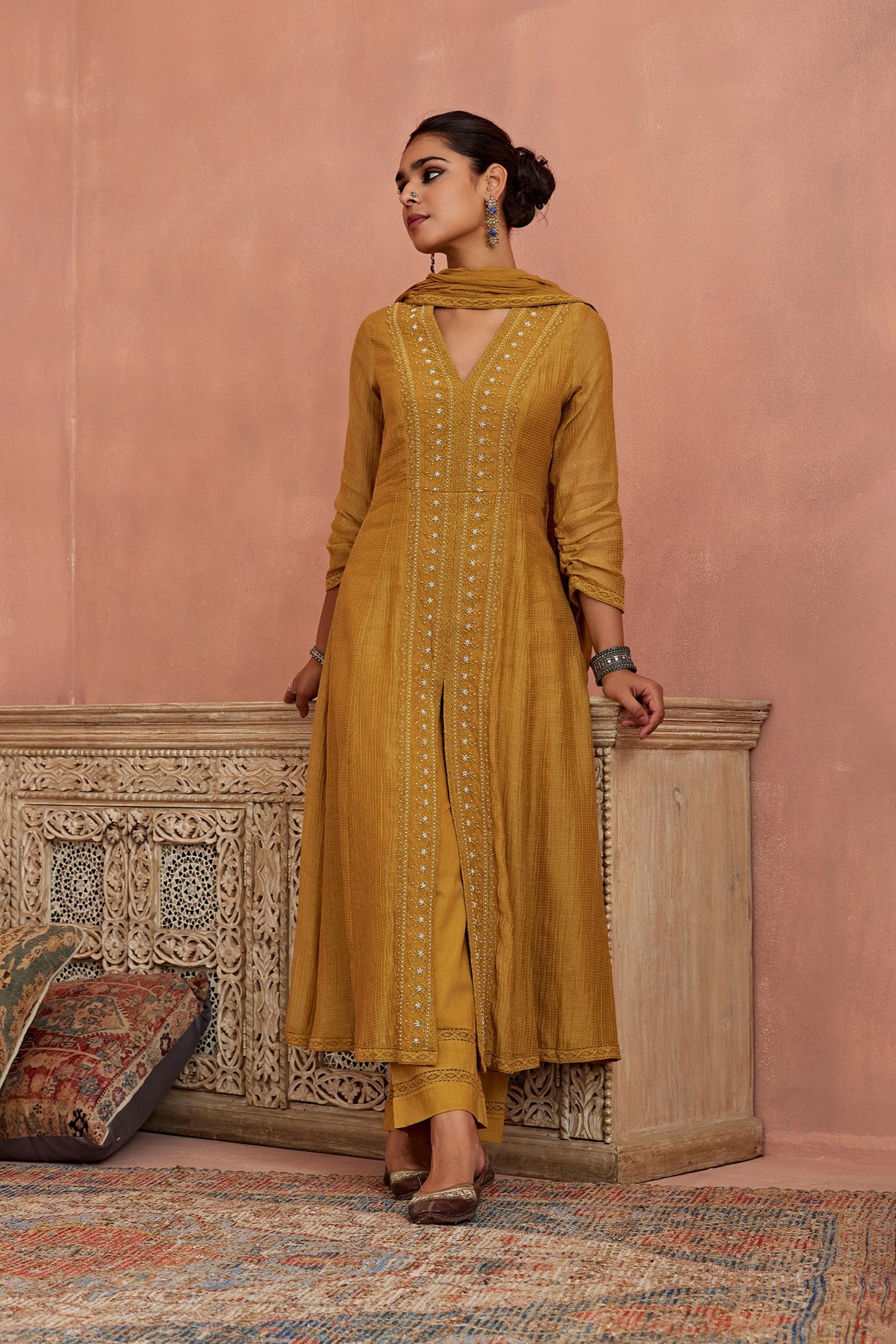 Mustard_Front_Open_Lace_Kurta_Set_Kritika_Dawar