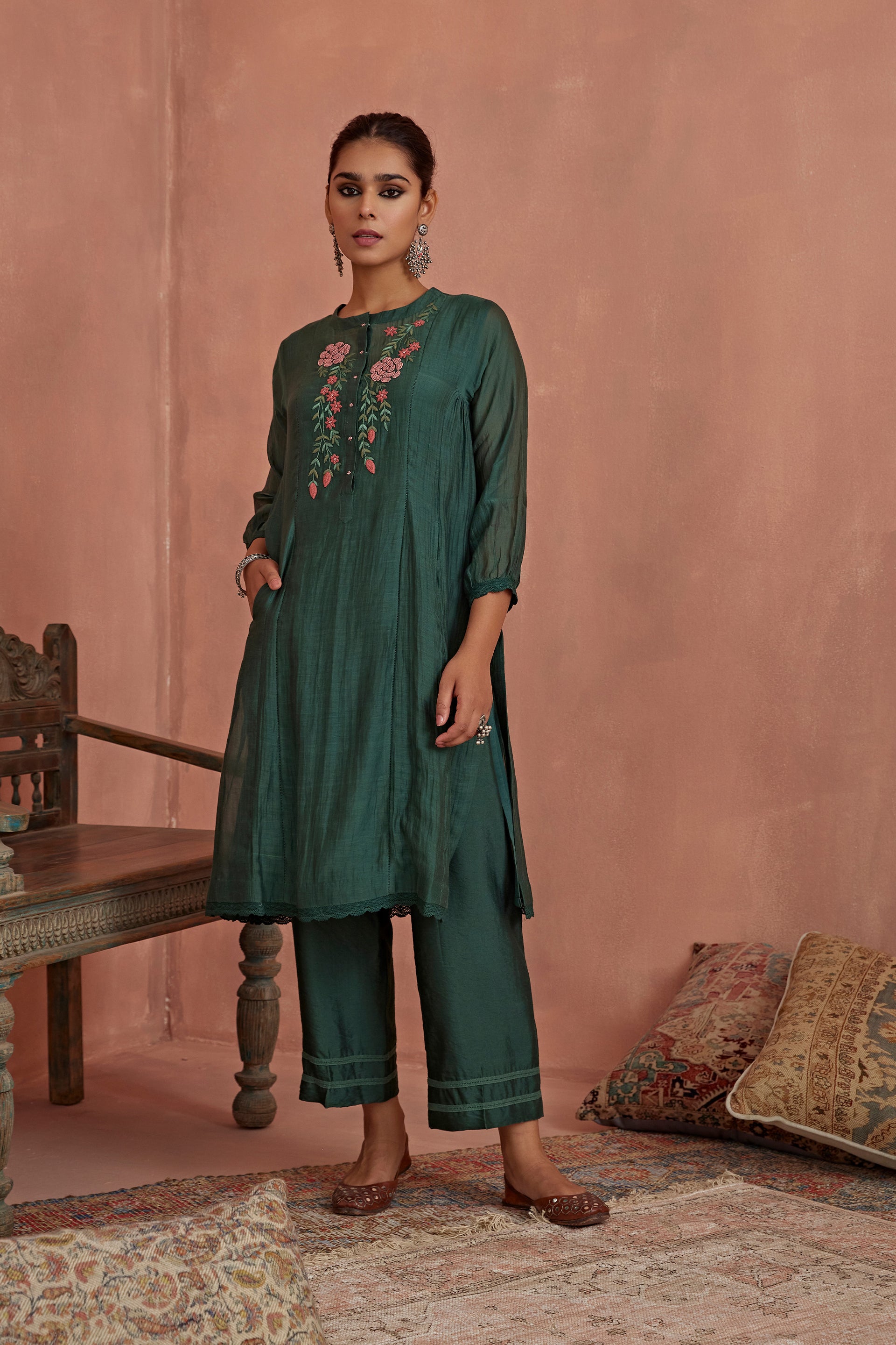 Teal Floral Emroidered Co-Ord Set