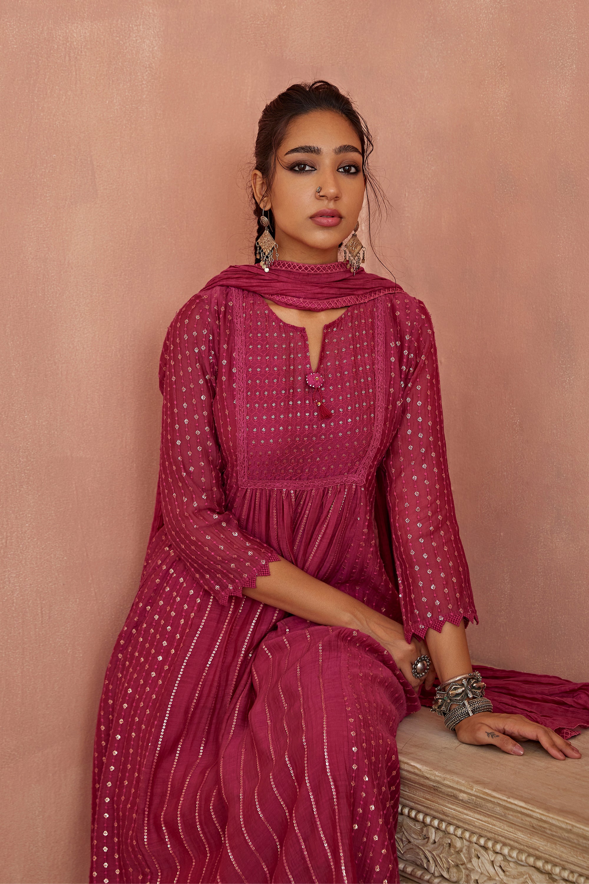 Magenta A-Line Kurta Set