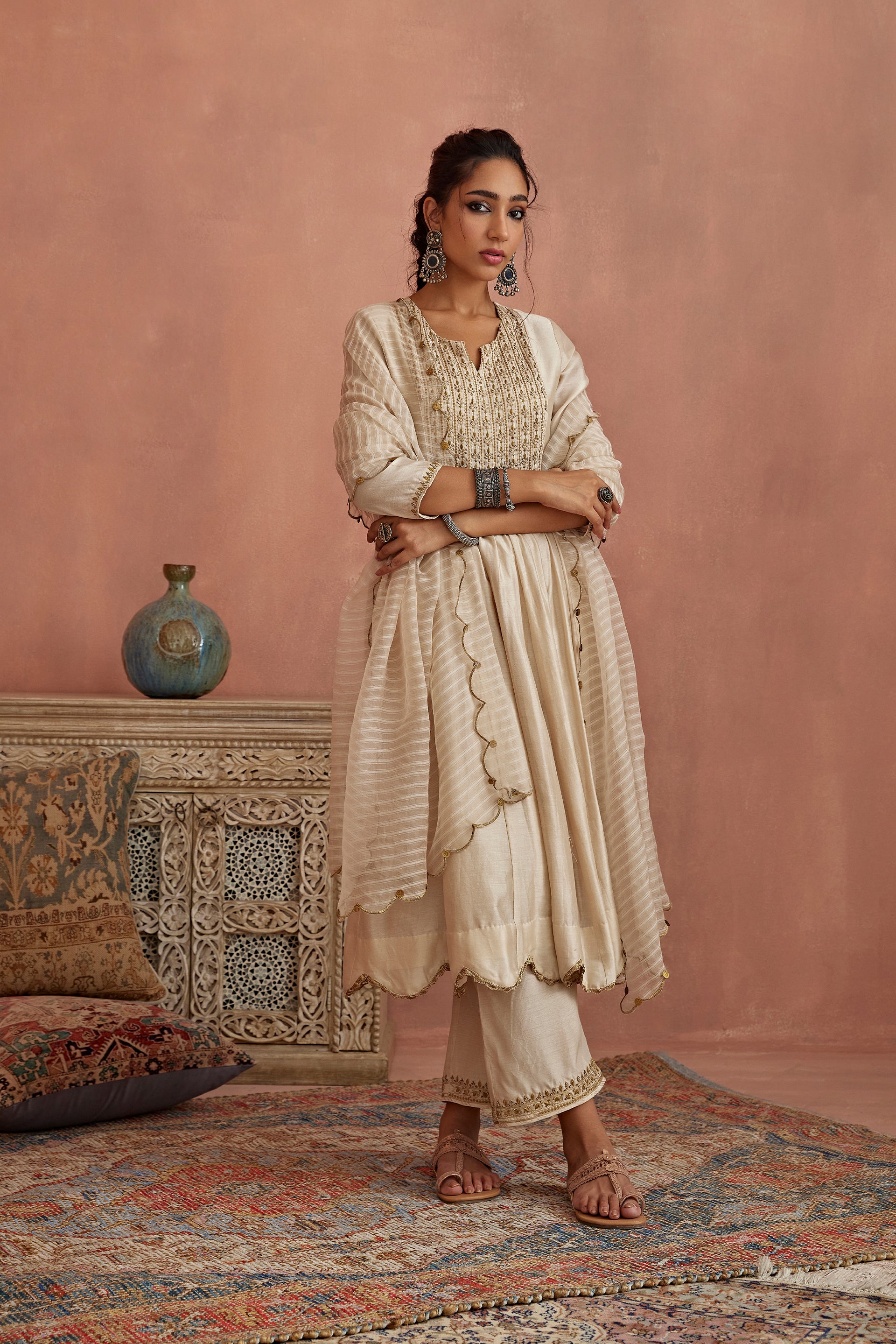 Ivory Metal Hand Embroidered Anarkali Set