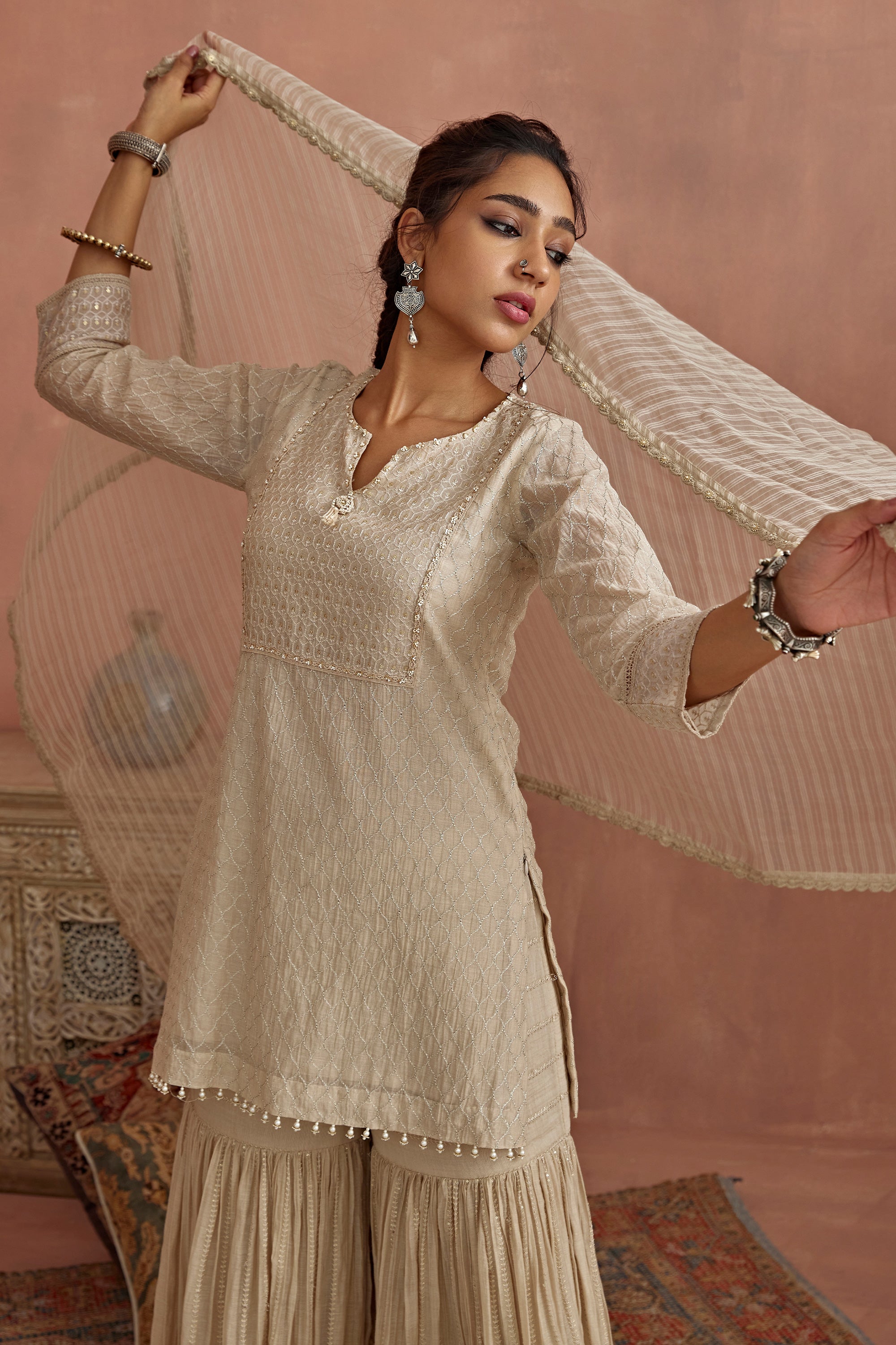 Ivory Thread Embroidered Short Kurta Gharara