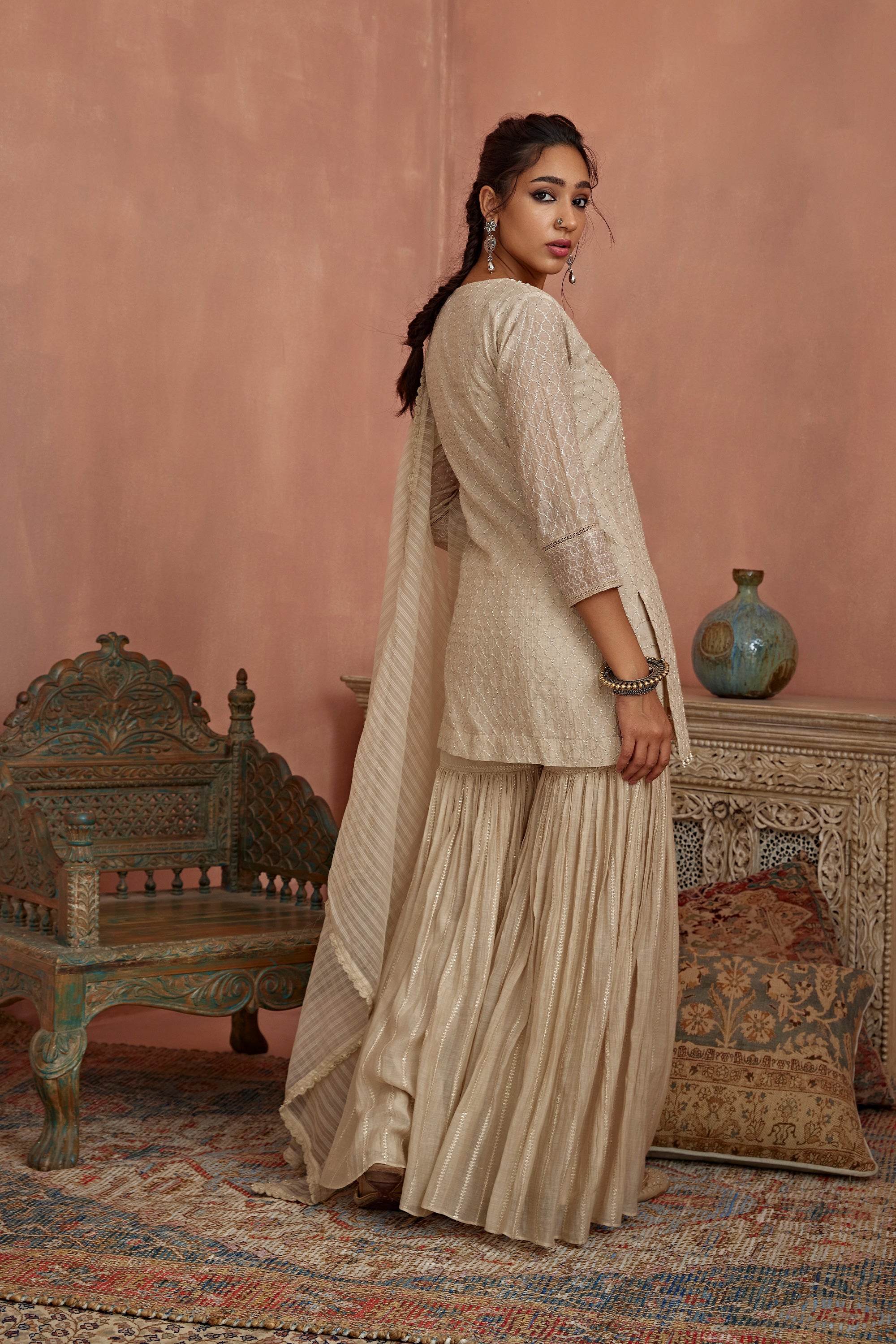 Ivory Thread Embroidered Short Kurta Gharara