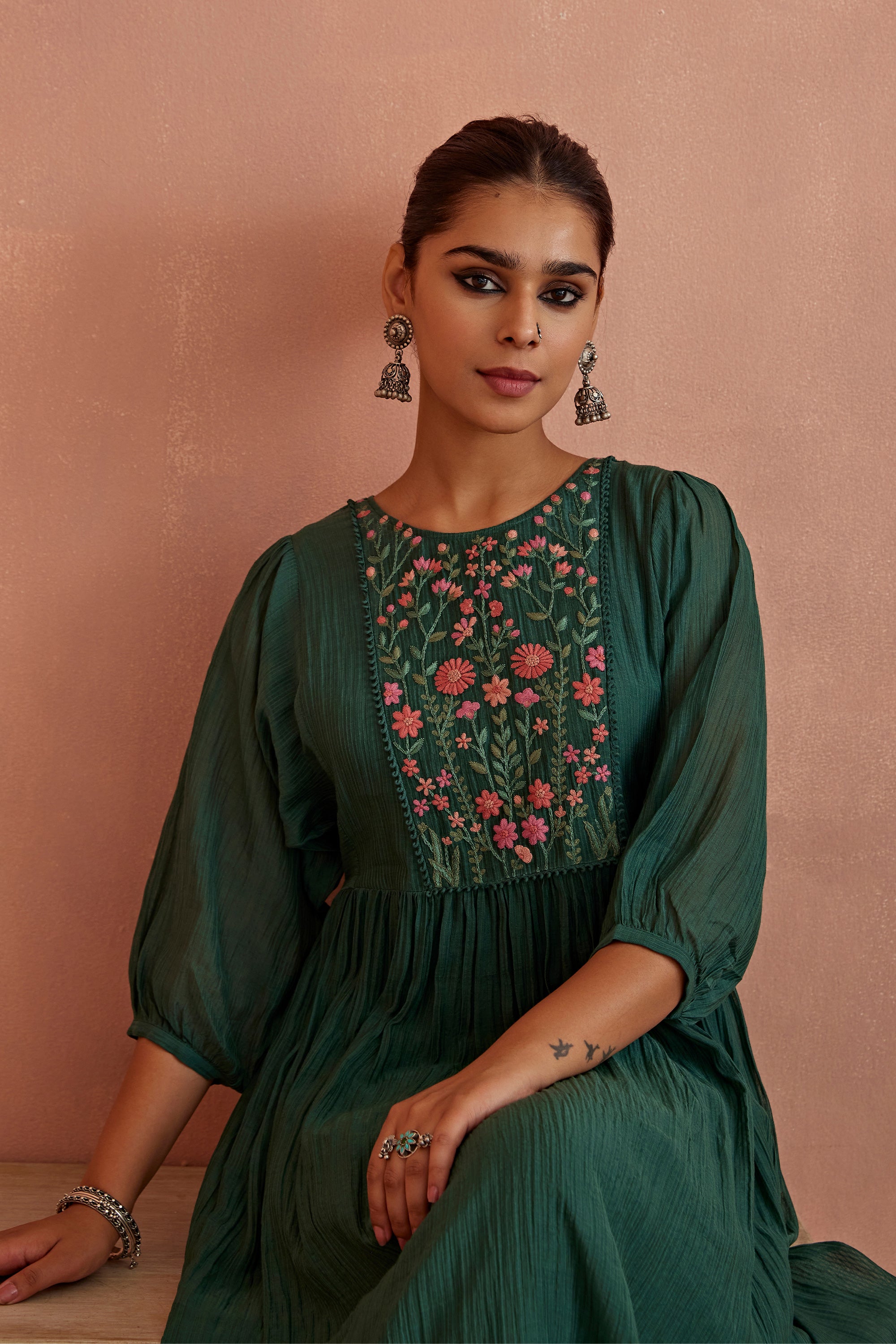 Teal_Multi_Thread_Flower_Embroidery_Tunic_Kritika_Dawar