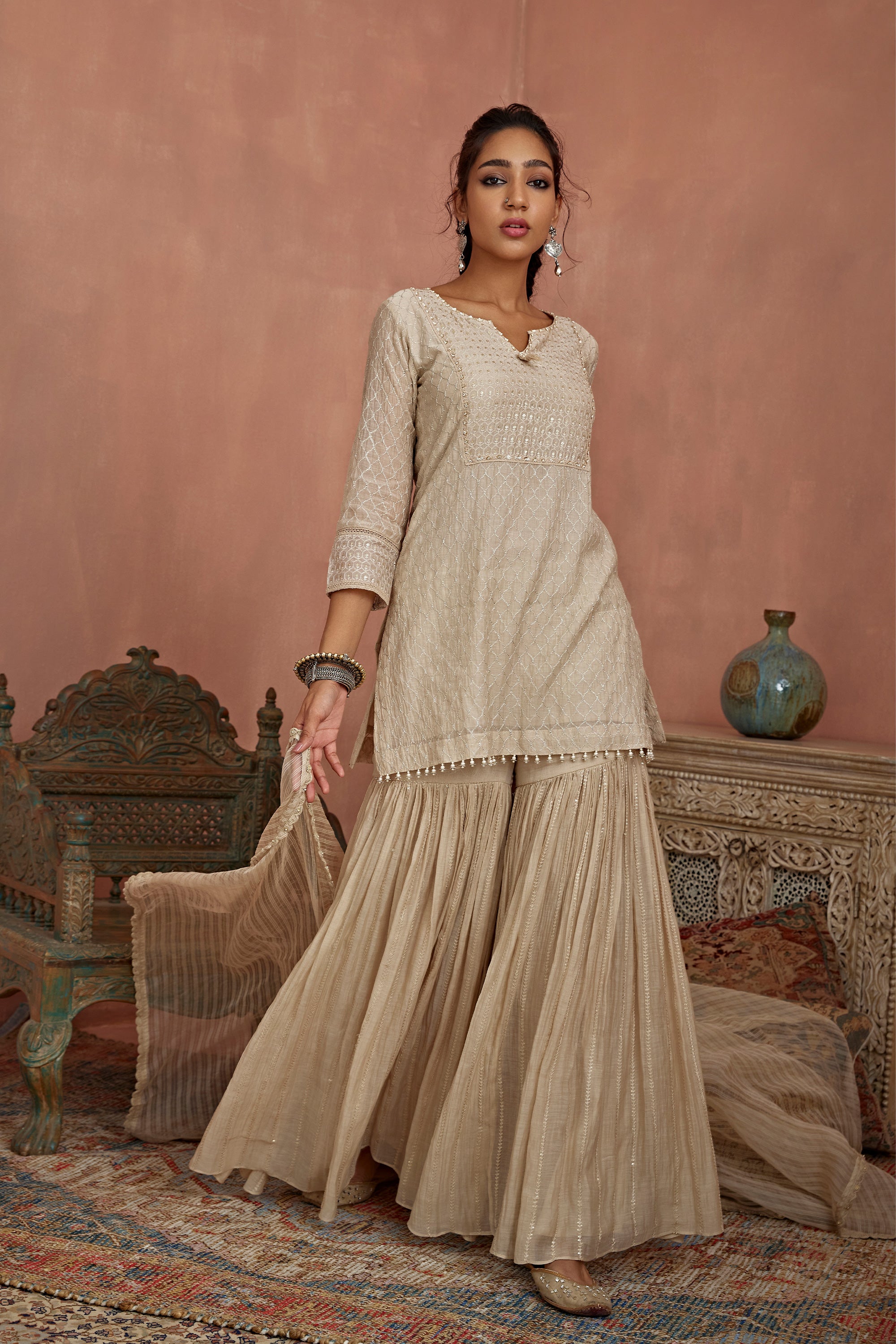 Ivory Thread Embroidered Short Kurta Gharara