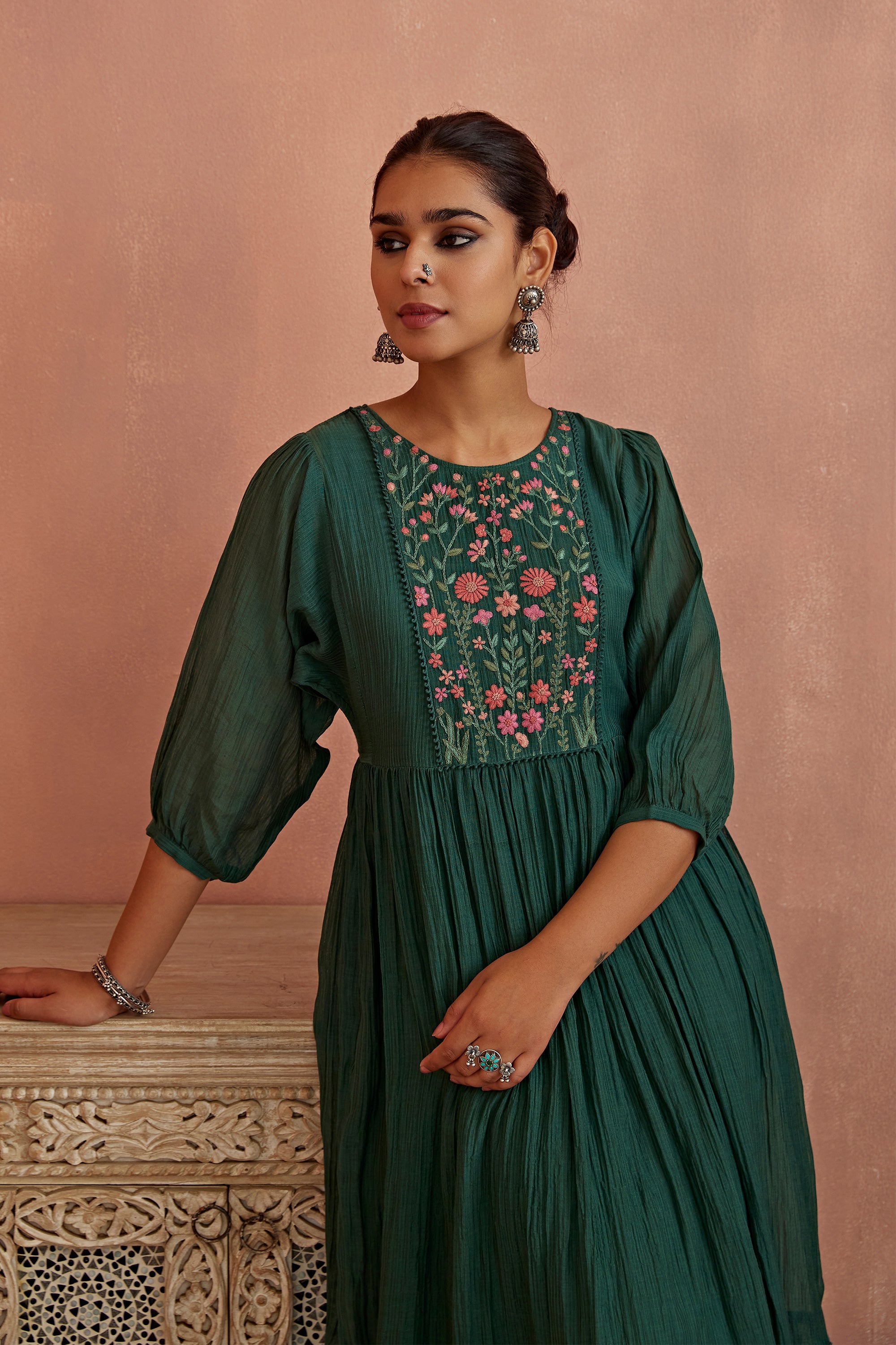 Teal_Multi_Thread_Flower_Embroidery_Tunic_Kritika_Dawar