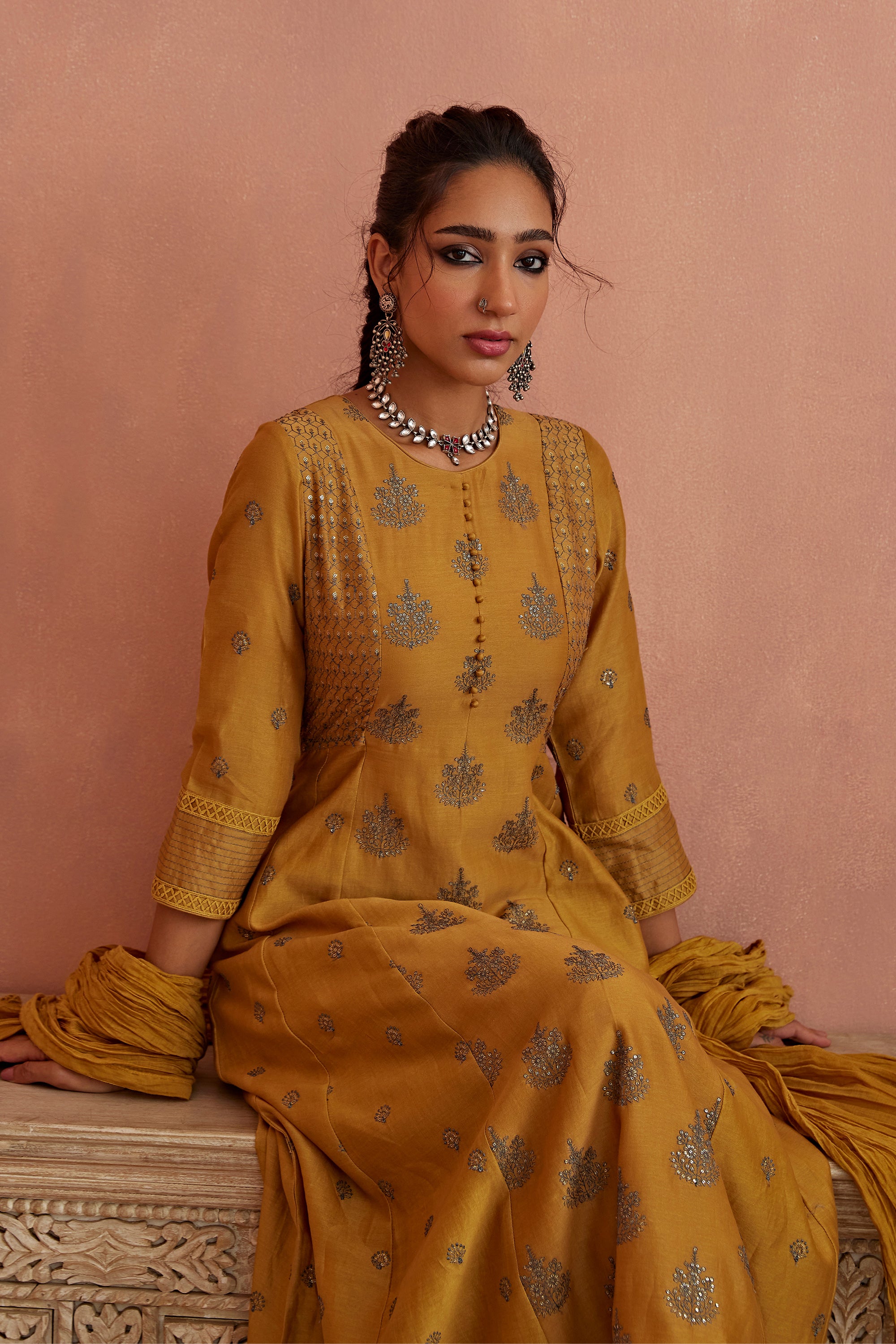 Mustard_Thread_Embroidered_A-Line_Kurta_Set_Kritika_Dawar