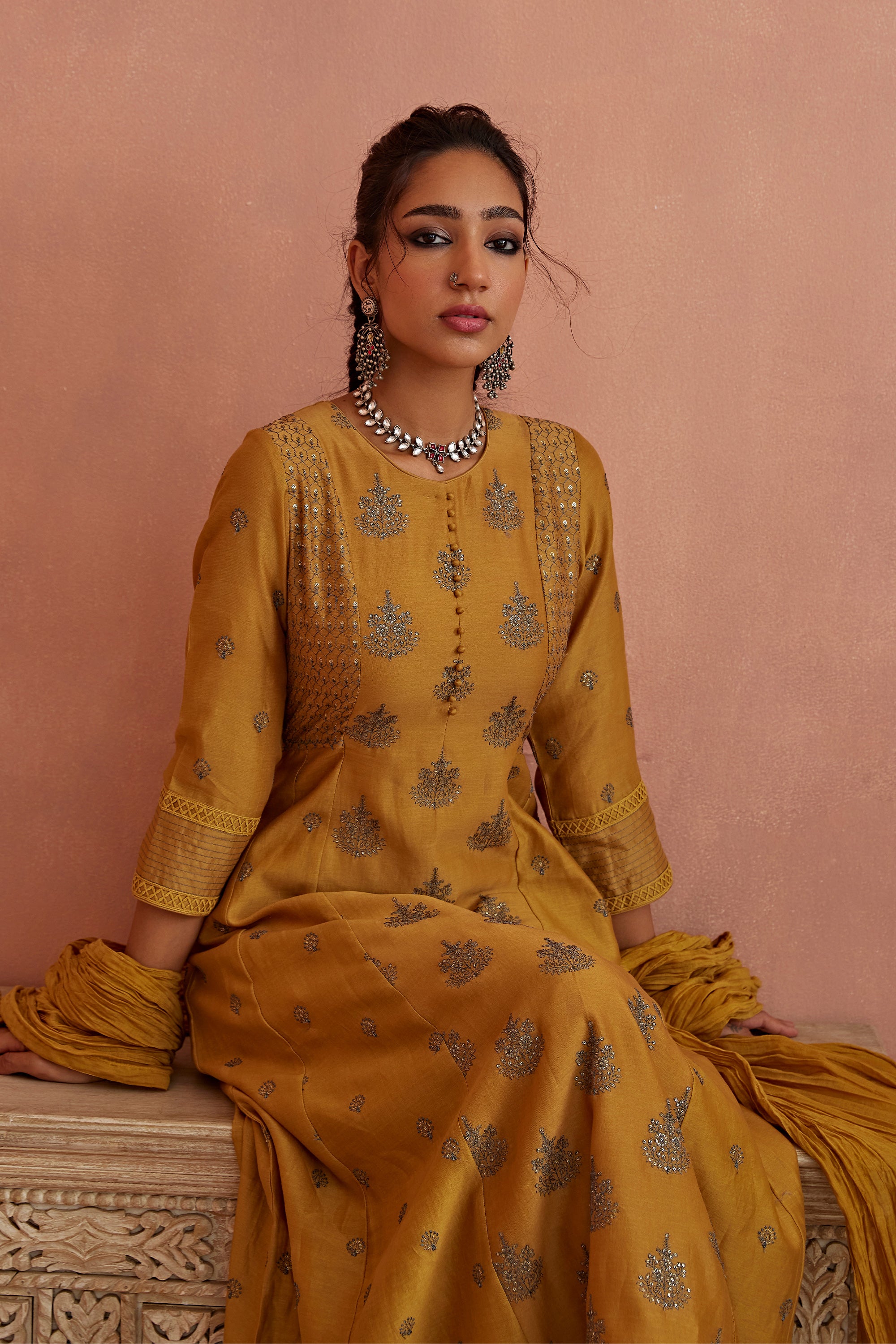 Mustard_Thread_Embroidered_A-Line_Kurta_Set_Kritika_Dawar
