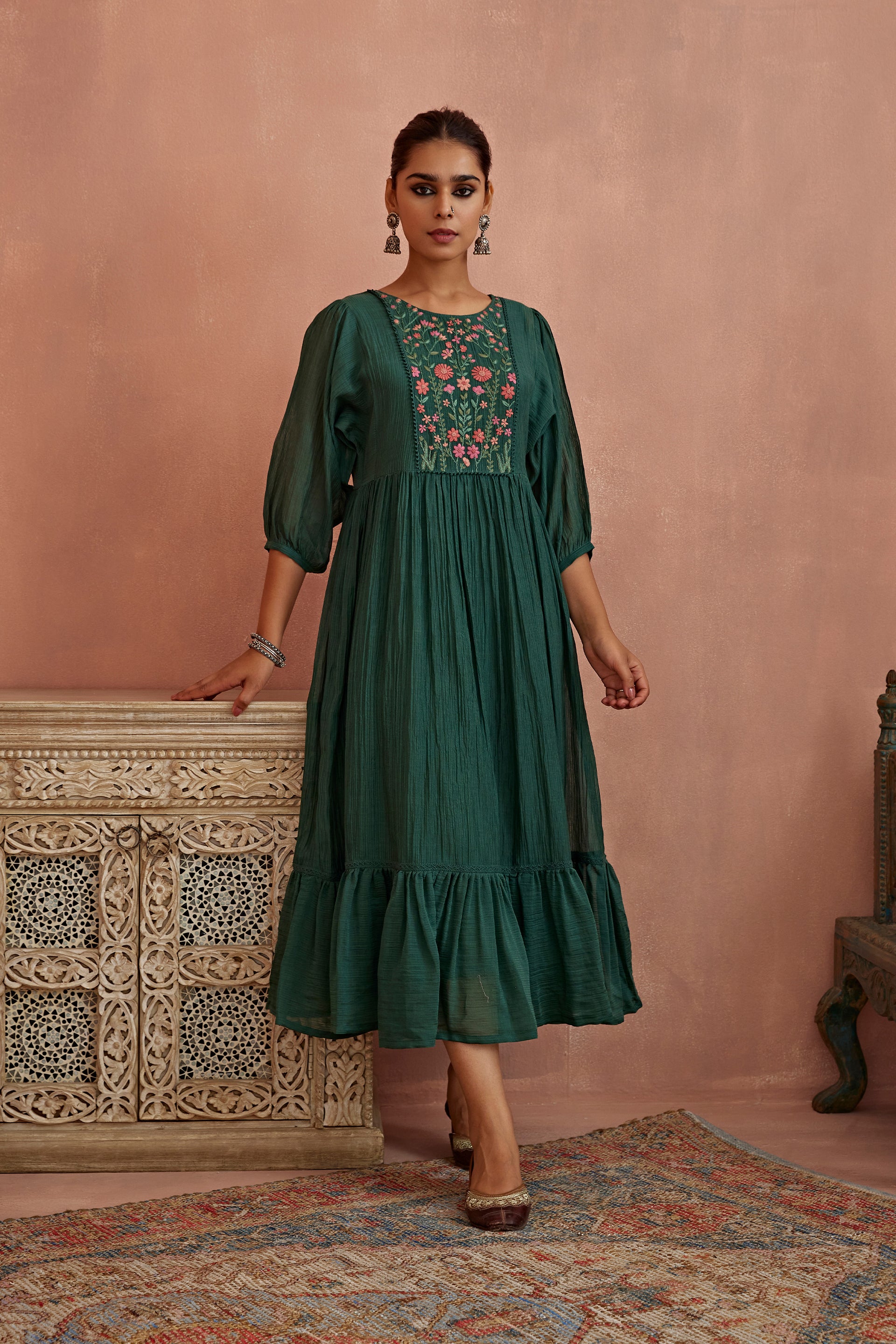 Teal Multi Thread Flower Embroidery Tunic
