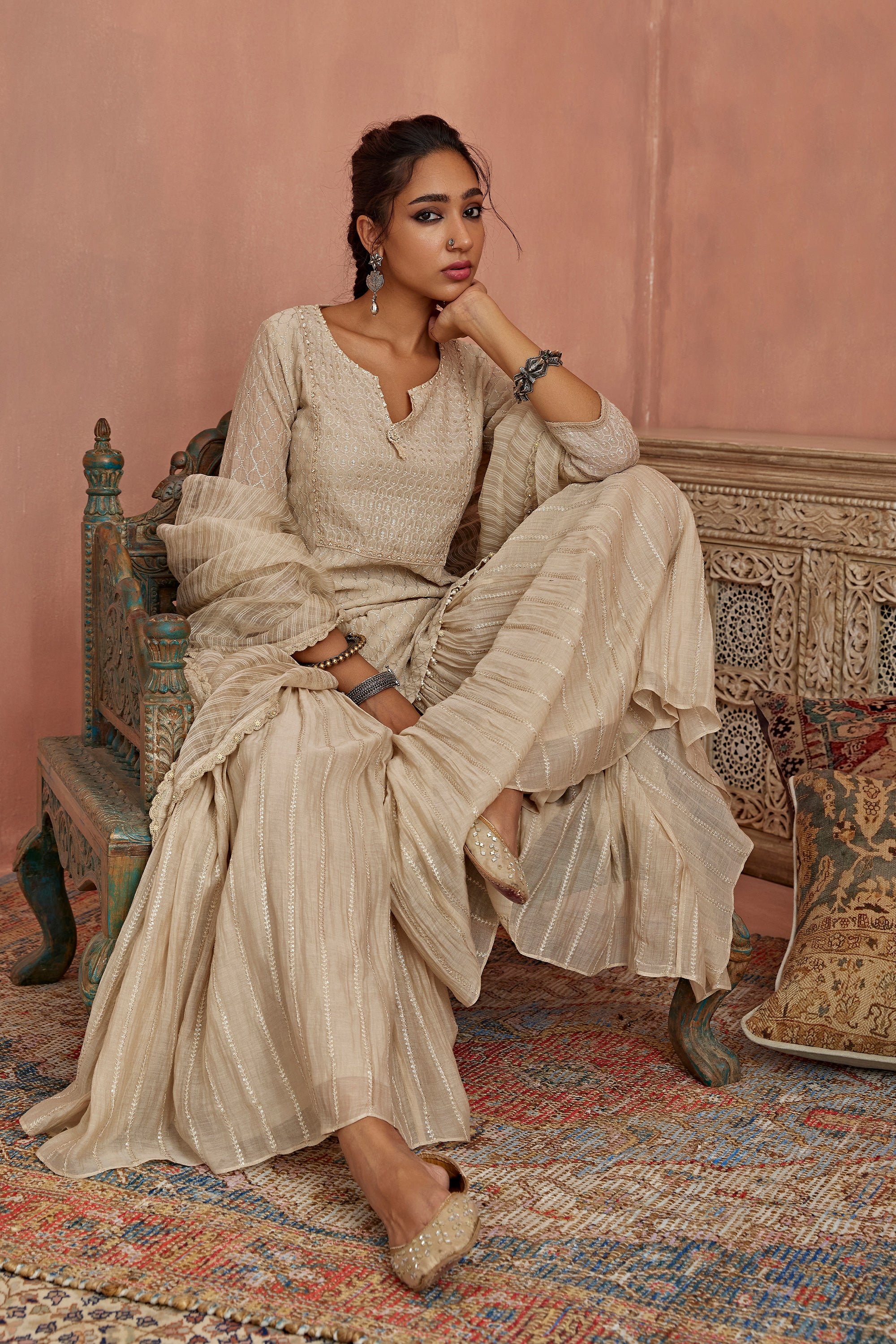 Ivory Thread Embroidered Short Kurta Gharara