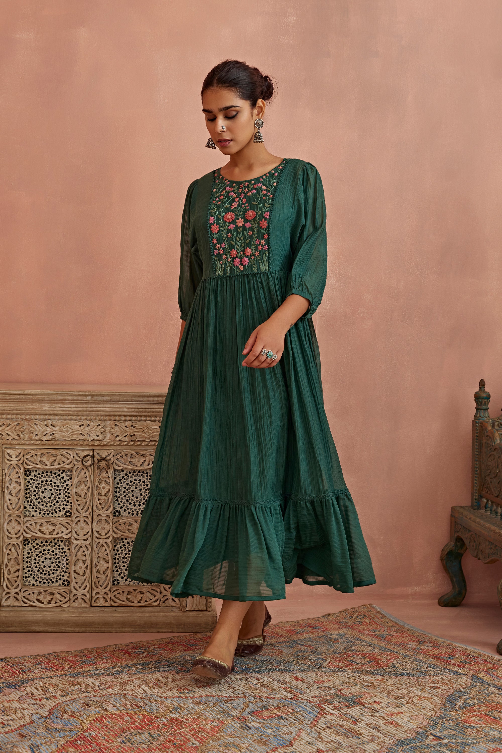 Teal_Multi_Thread_Flower_Embroidery_Tunic_Kritika_Dawar