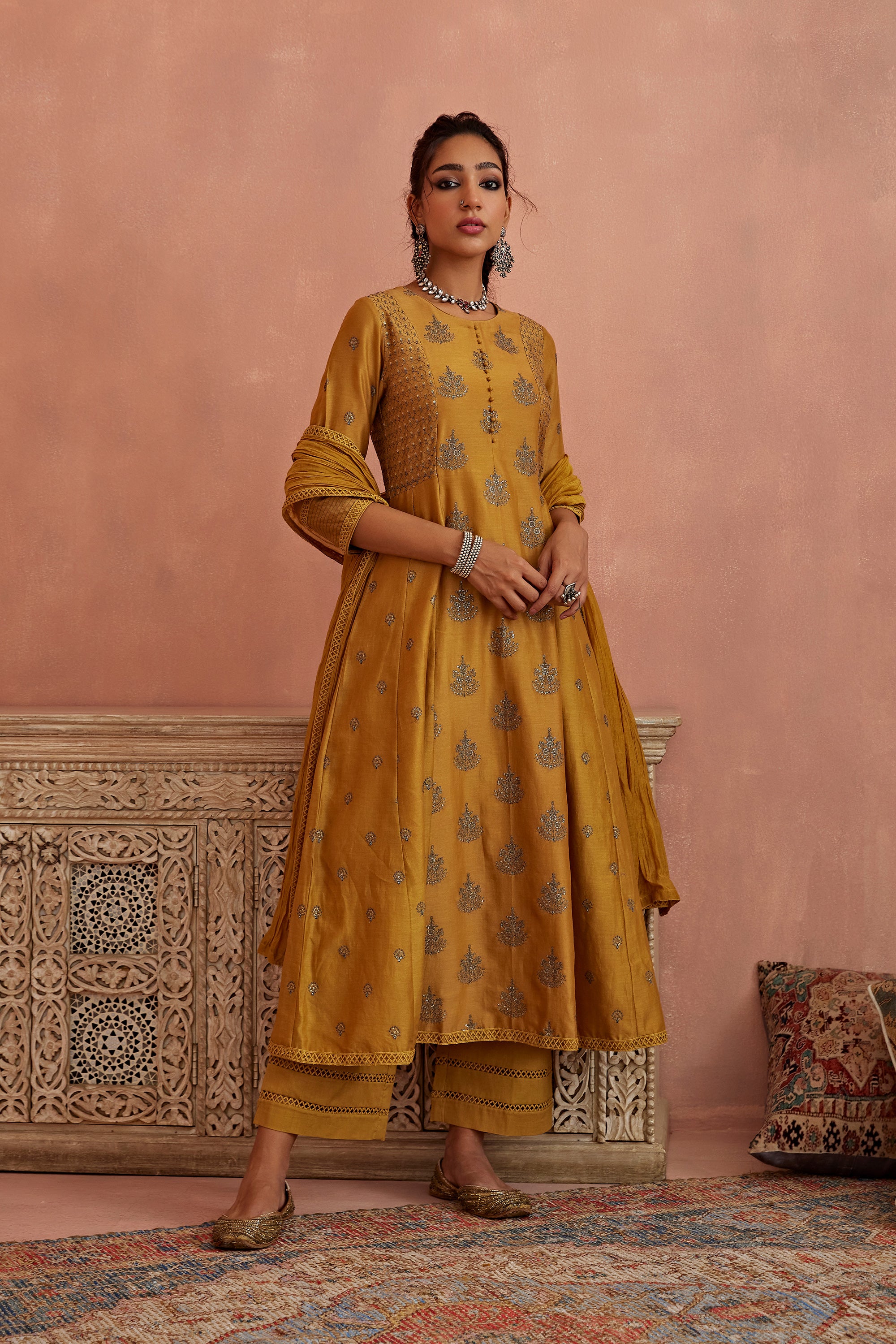 Mustard_Thread_Embroidered_A-Line_Kurta_Set_Kritika_Dawar
