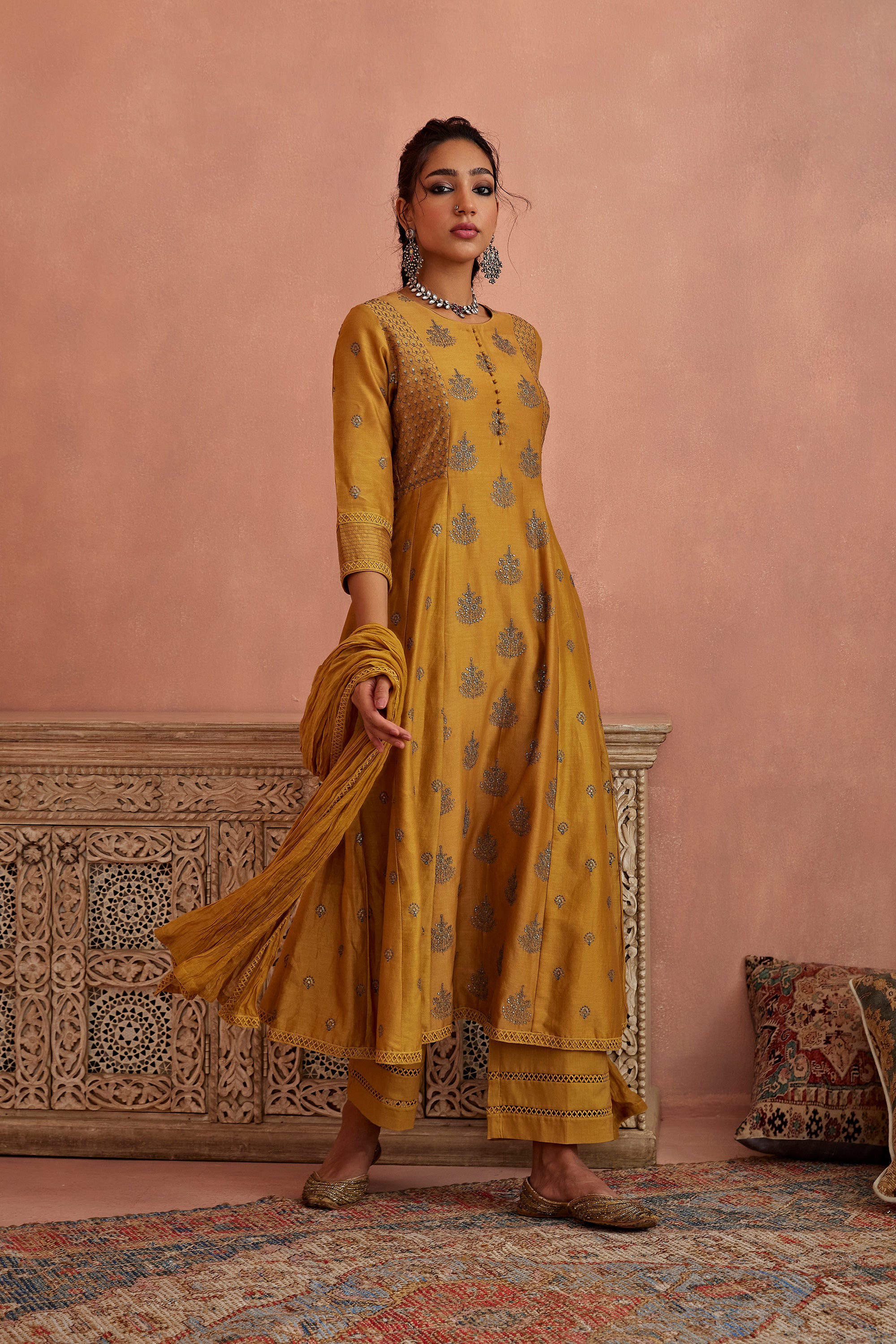 Mustard_Thread_Embroidered_A-Line_Kurta_Set_Kritika_Dawar
