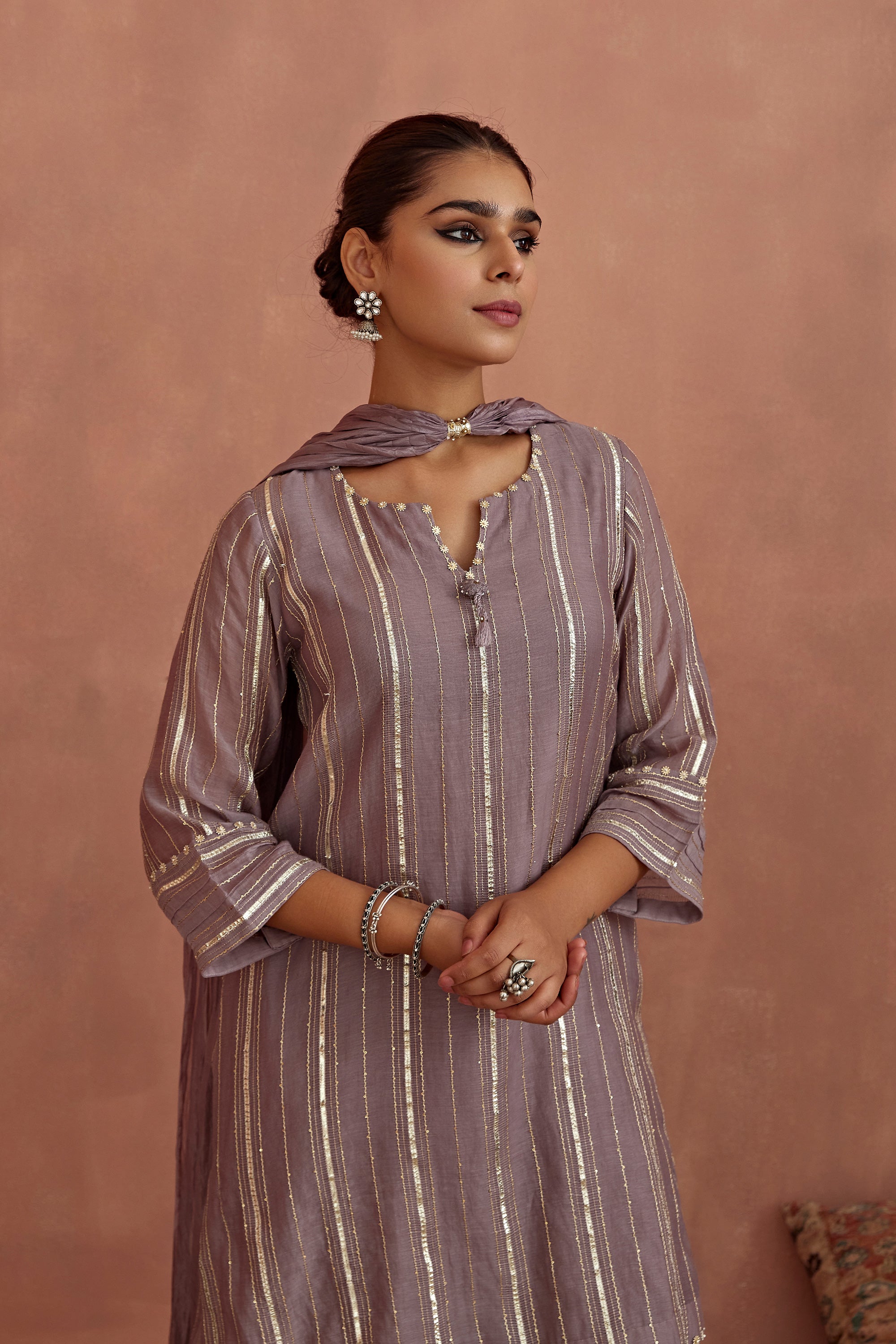 Mauve Gota Stripes Kurta Dhoti Pants