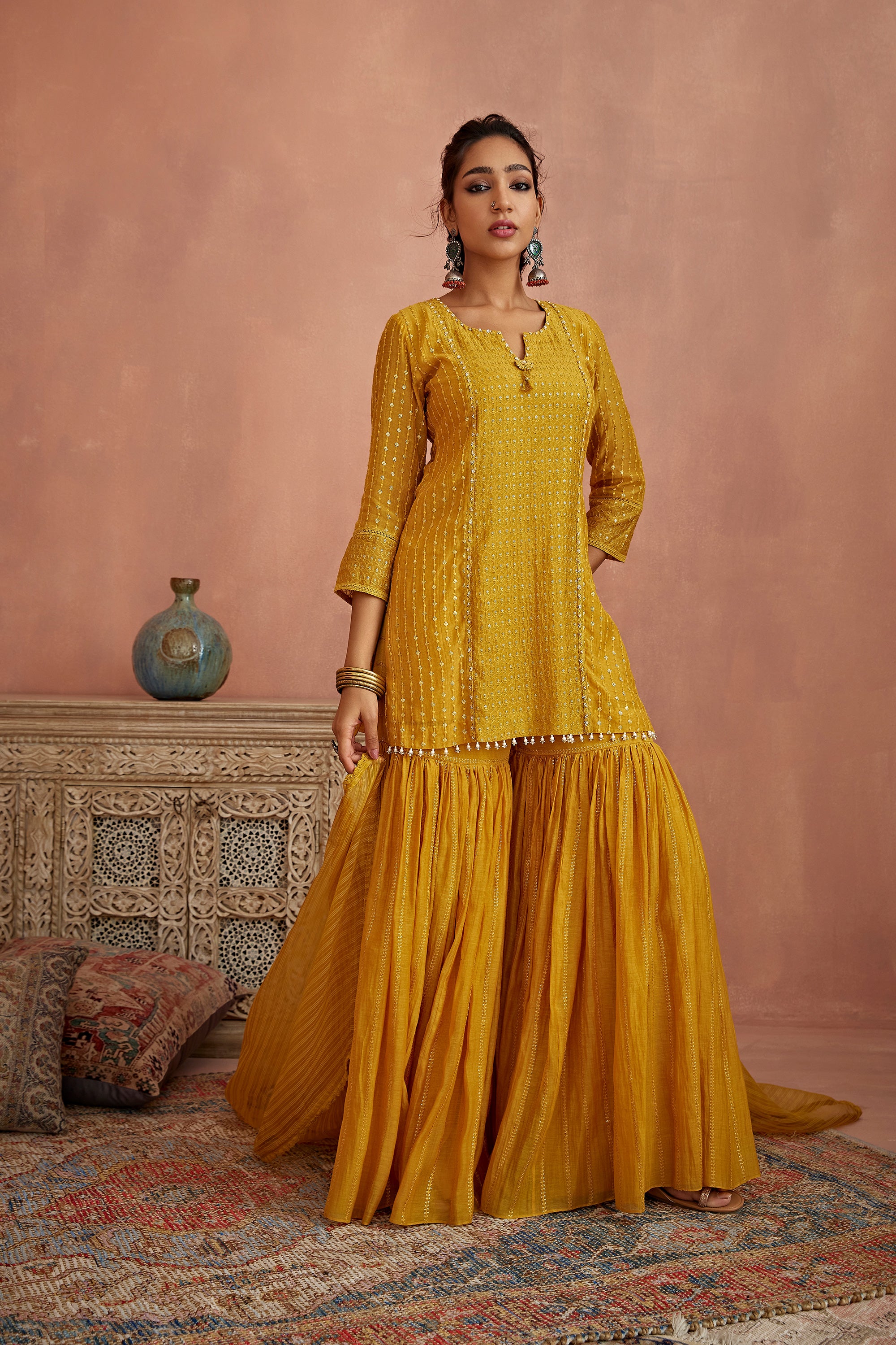 Yellow_Thread_Embroidered_Short_Kurta_Gharara_Kritika_Dawar