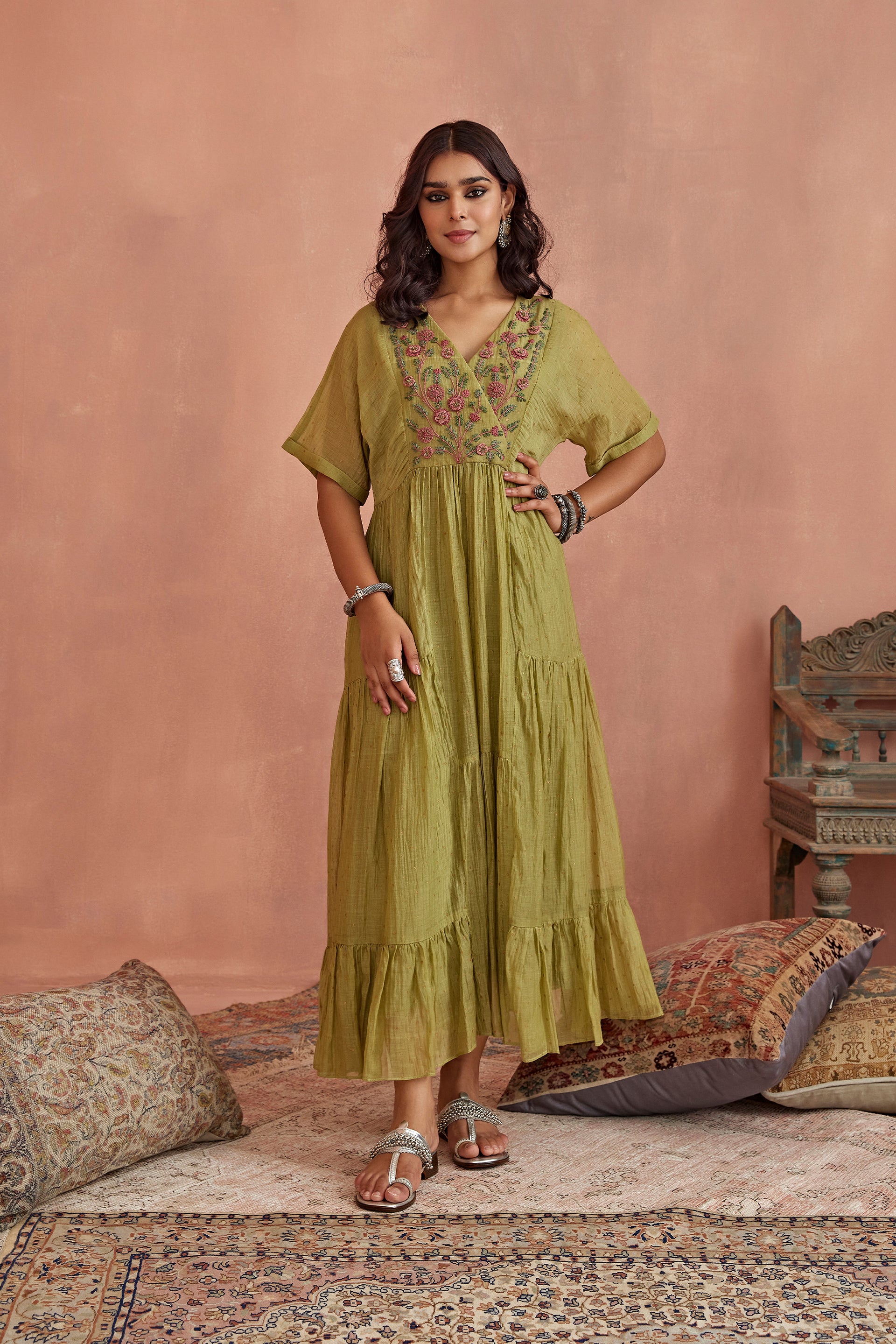 Green 3D Flower Embroidery Tunic