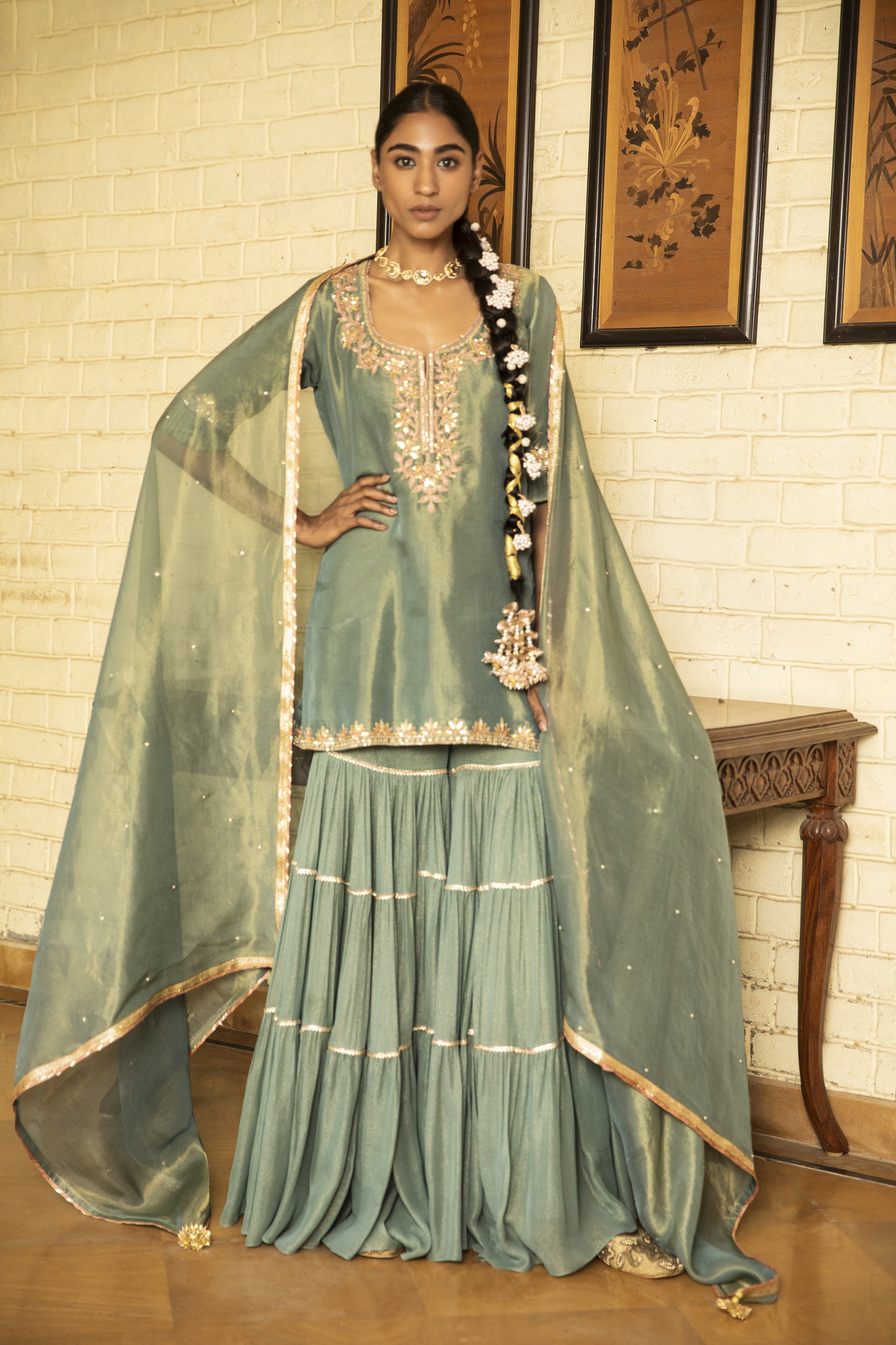 Green Embroidered Sharara Set