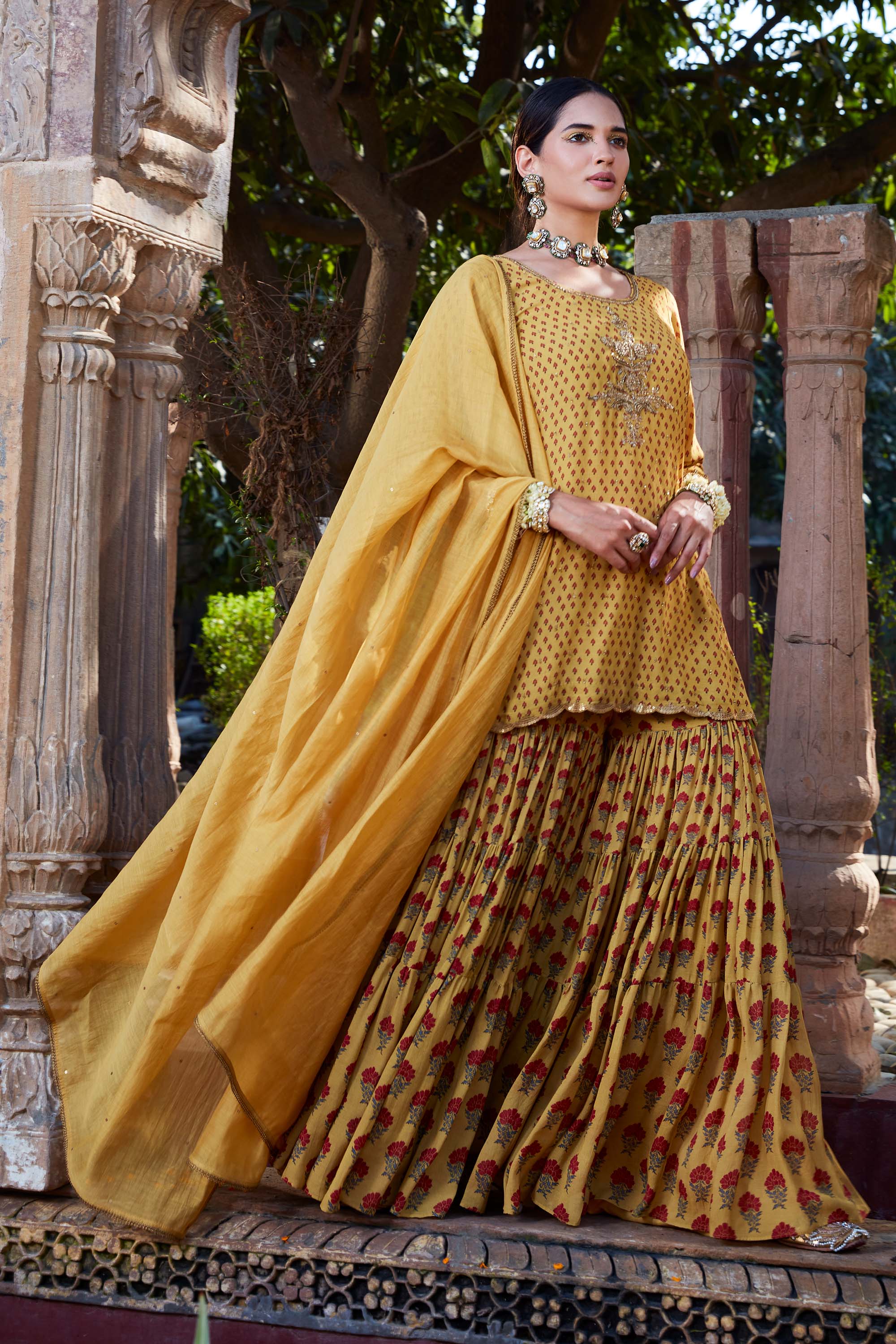 Yellow_Printed_Chanderi_Gharara_Set_Kritika_Dawar
