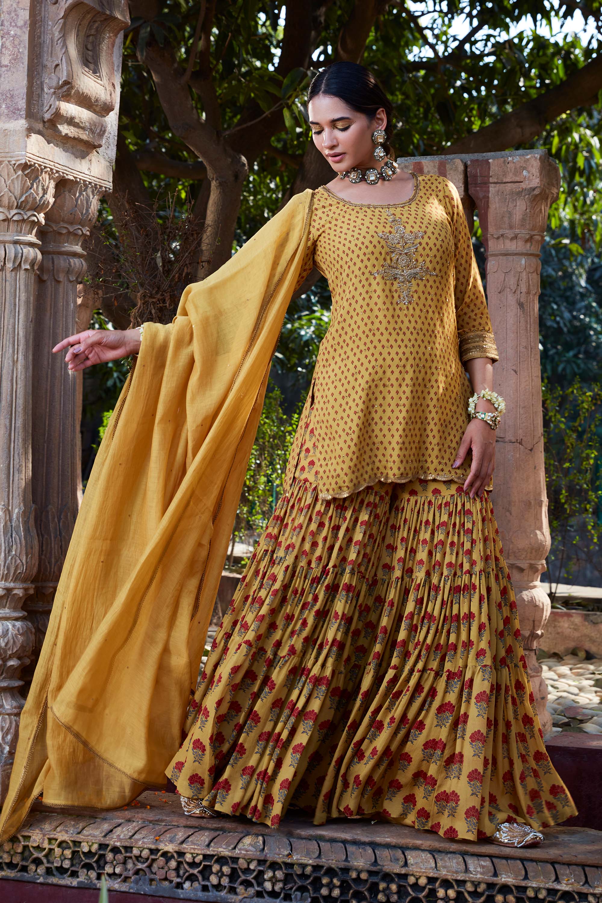Yellow_Printed_Chanderi_Gharara_Set_Kritika_Dawar