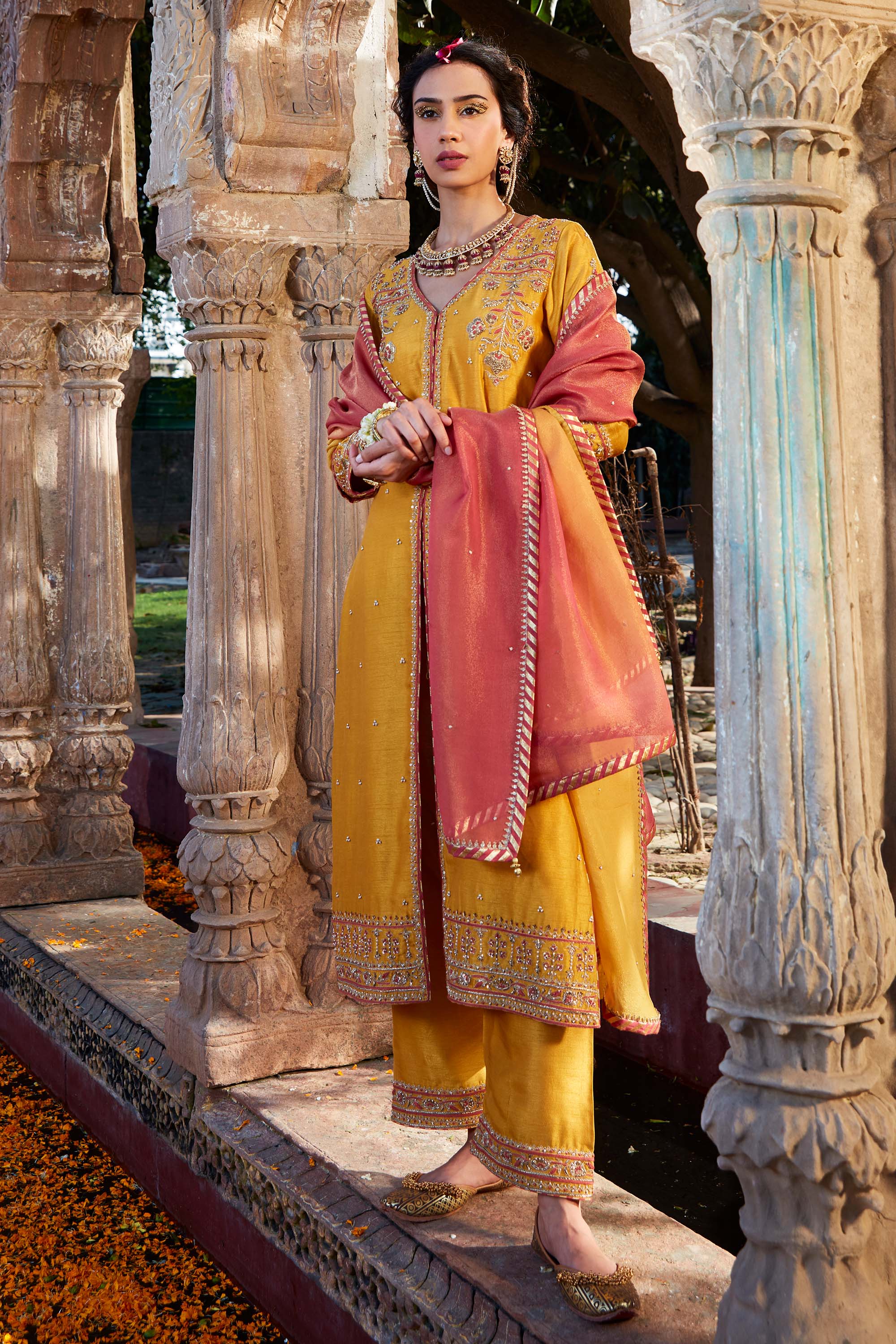Yellow_Hand_Embroidered_Front_Open_Kurta_Set_Kritika_Dawar