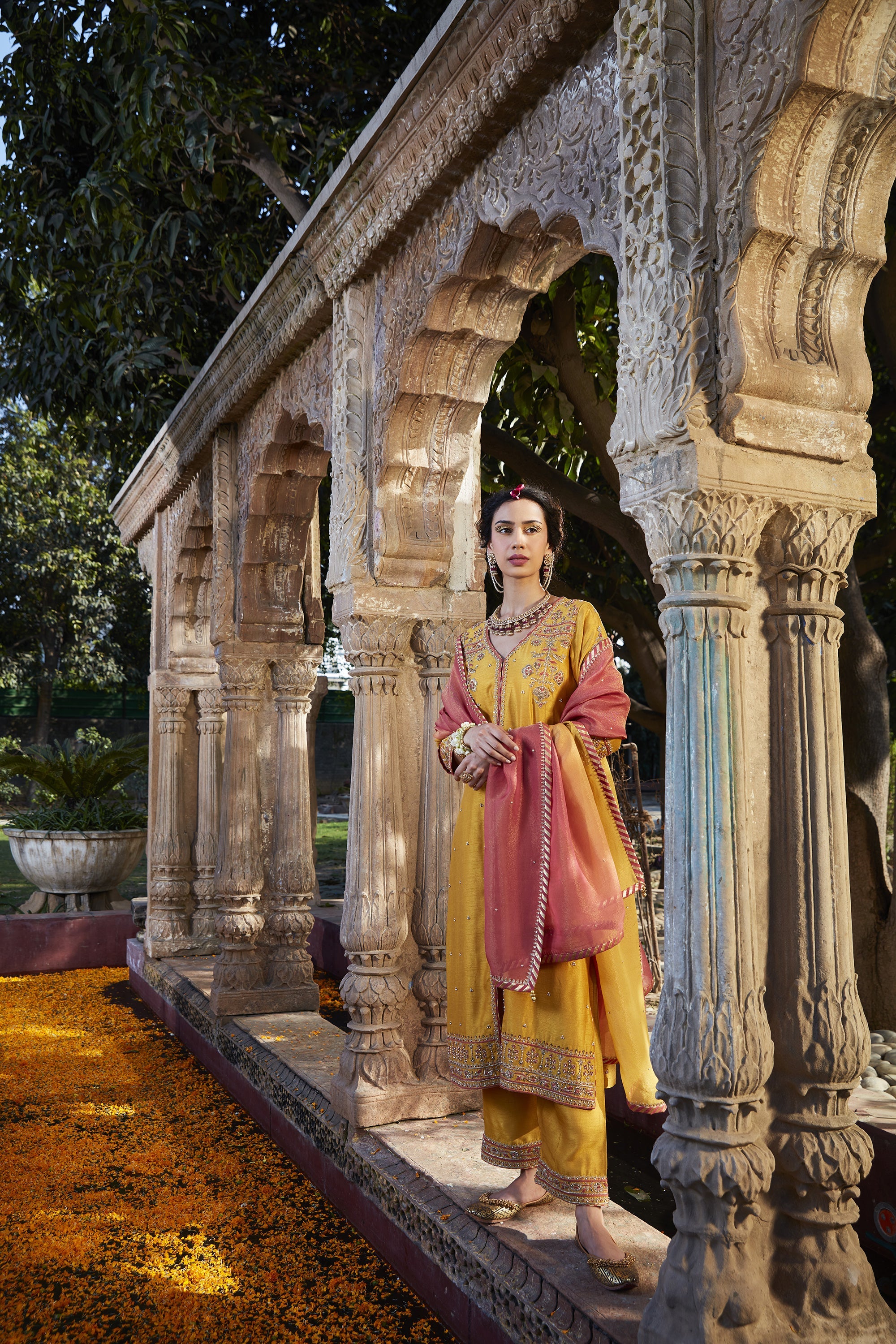 Yellow_Hand_Embroidered_Front_Open_Kurta_Set_Kritika_Dawar