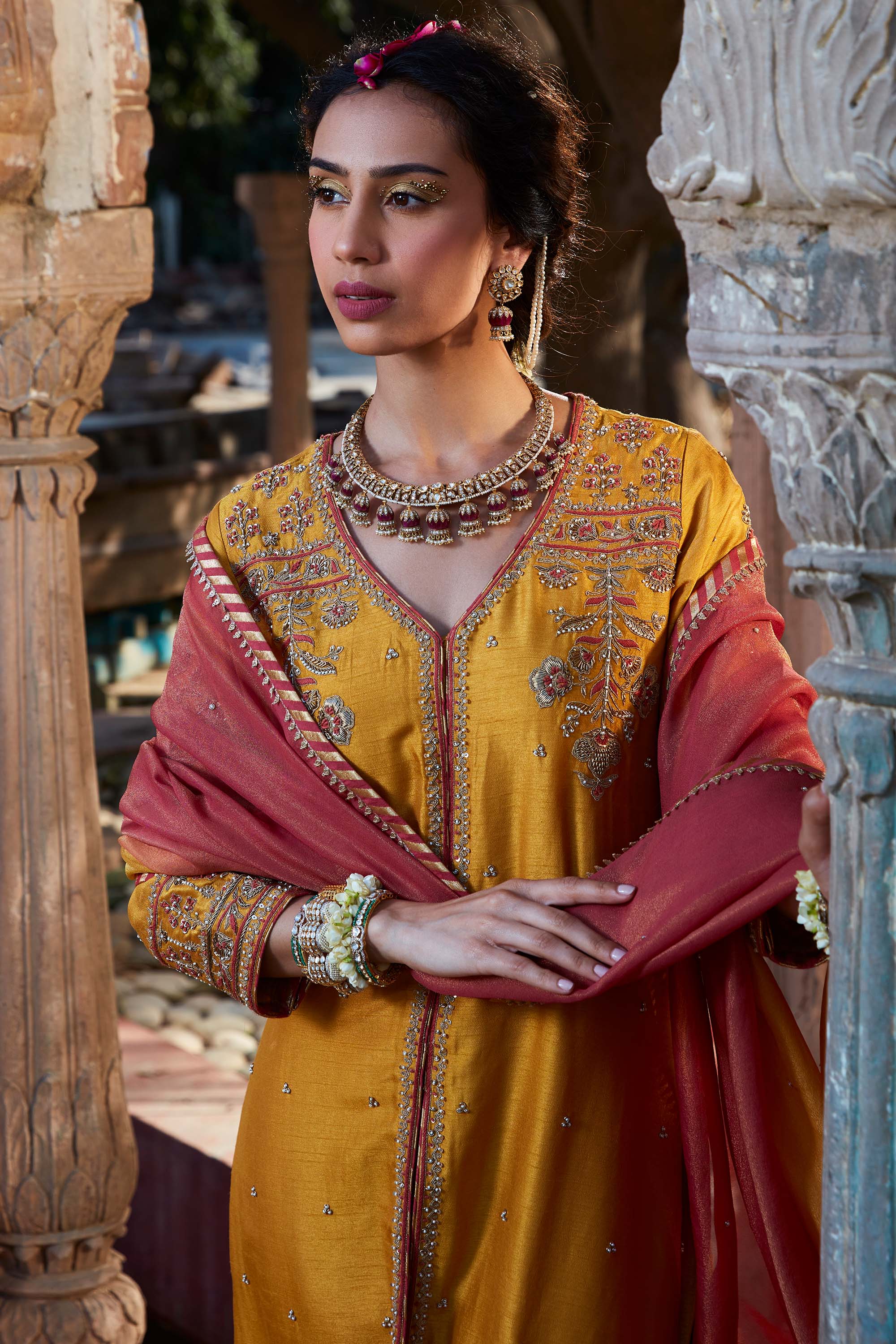 Yellow_Hand_Embroidered_Front_Open_Kurta_Set_Kritika_Dawar